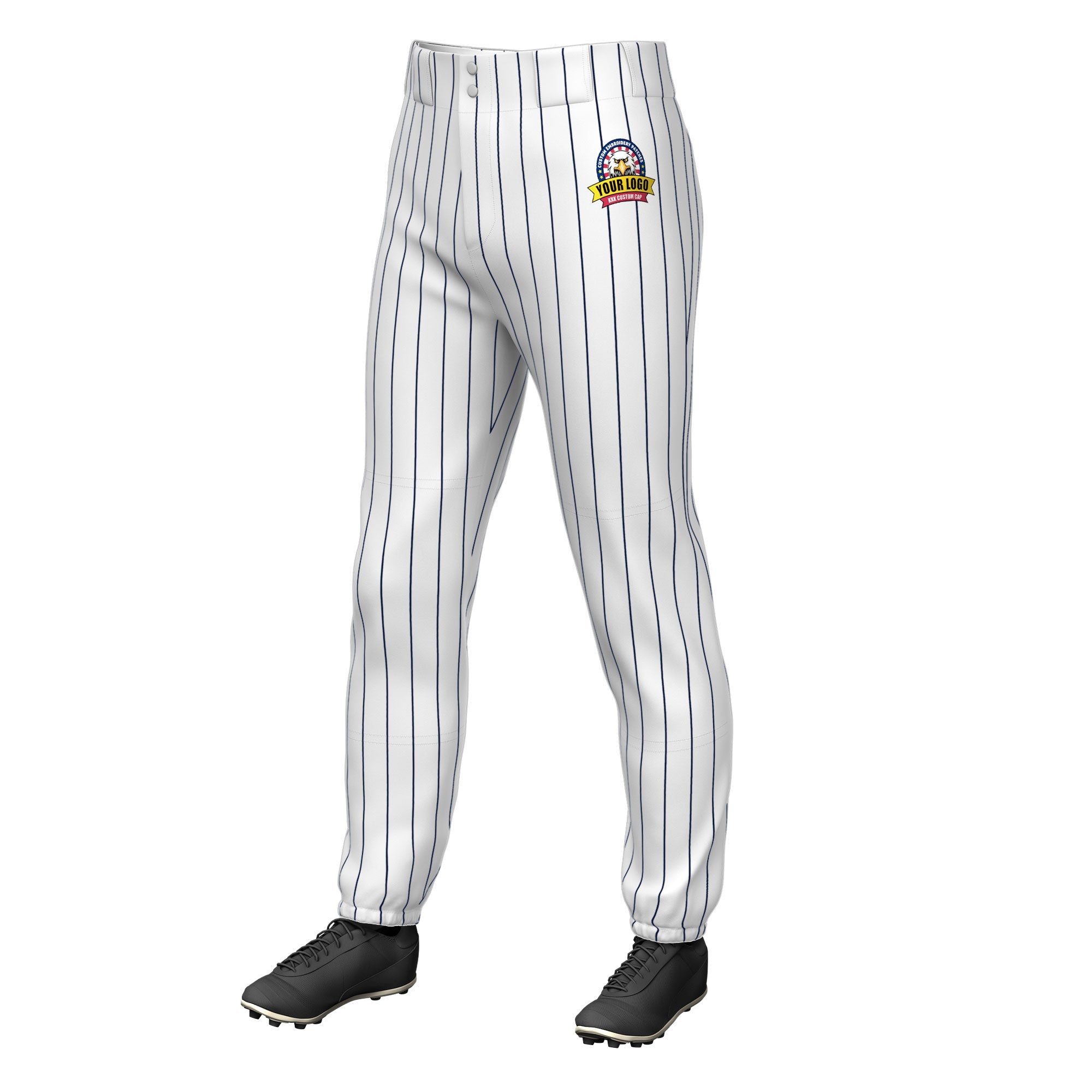 Custom White Navy Pinstripe Fit Stretch Practice Pull  Up Baseball Pants