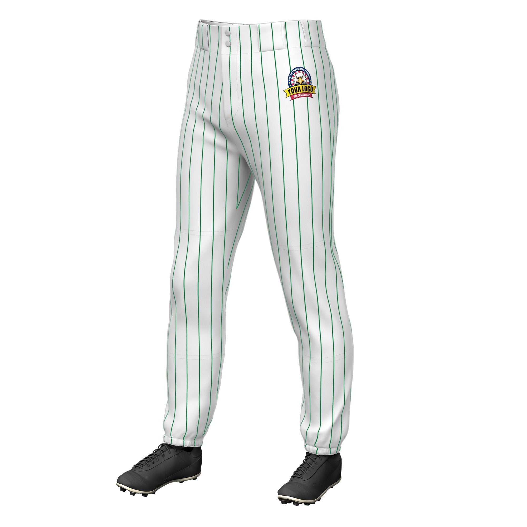 Custom White Kelly Green Pinstripe Fit Stretch Practice Pull  Up Baseball Pants