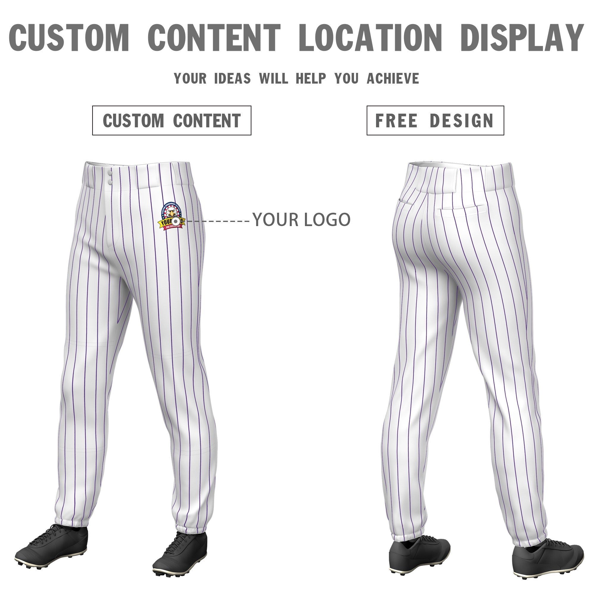 Custom White Purple Pinstripe Fit Stretch Practice Pull  Up Baseball Pants