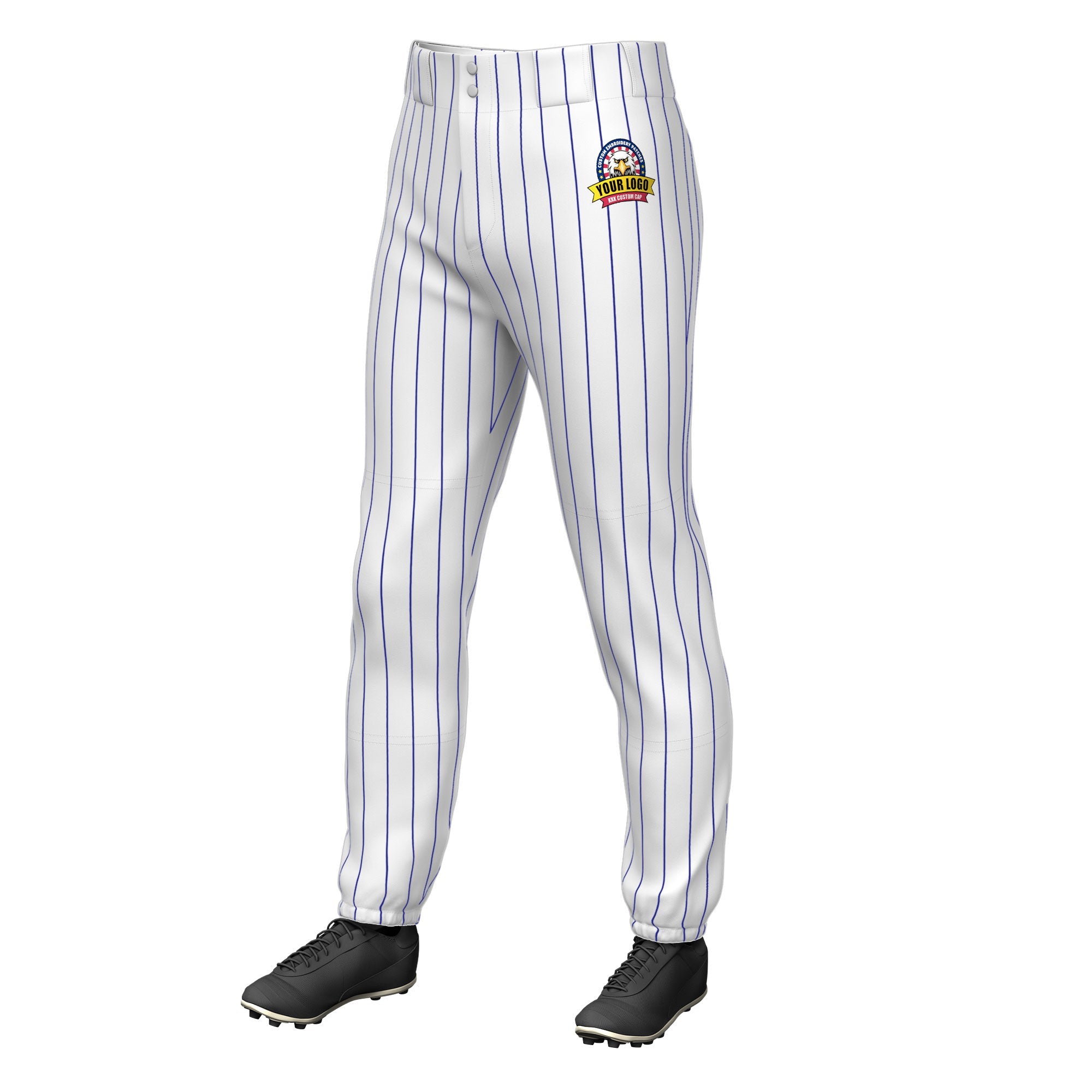 Custom White Royal Pinstripe Fit Stretch Practice Pull  Up Baseball Pants