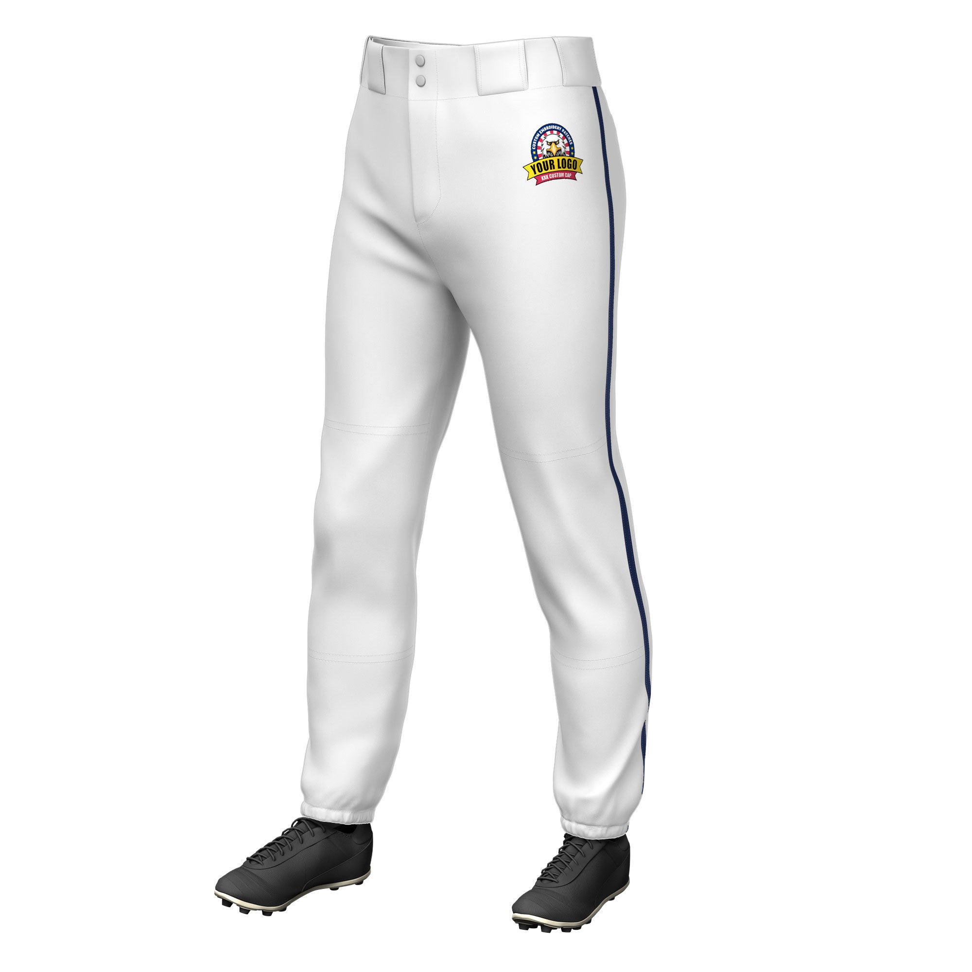 Custom White Navy Pinstripe Fit Stretch Practice Pull  Up Baseball Pants