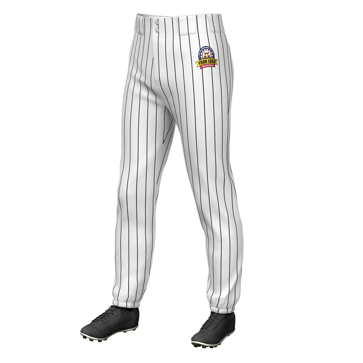 Custom White Black Pinstripe Fit Stretch Practice Pull  Up Baseball Pants