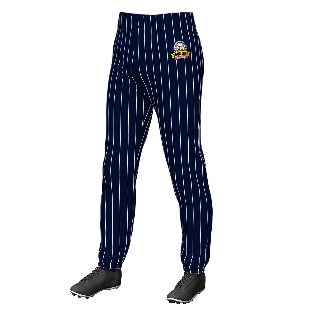 Custom Navy White Pinstripe Fit Stretch Practice Pull  Up Baseball Pants