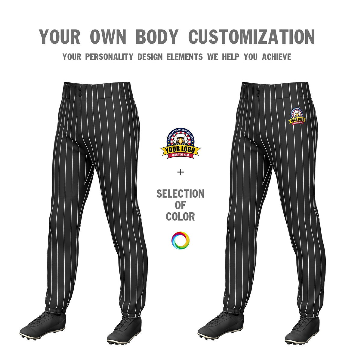 Custom Black White Pinstripe Fit Stretch Practice Pull  Up Baseball Pants