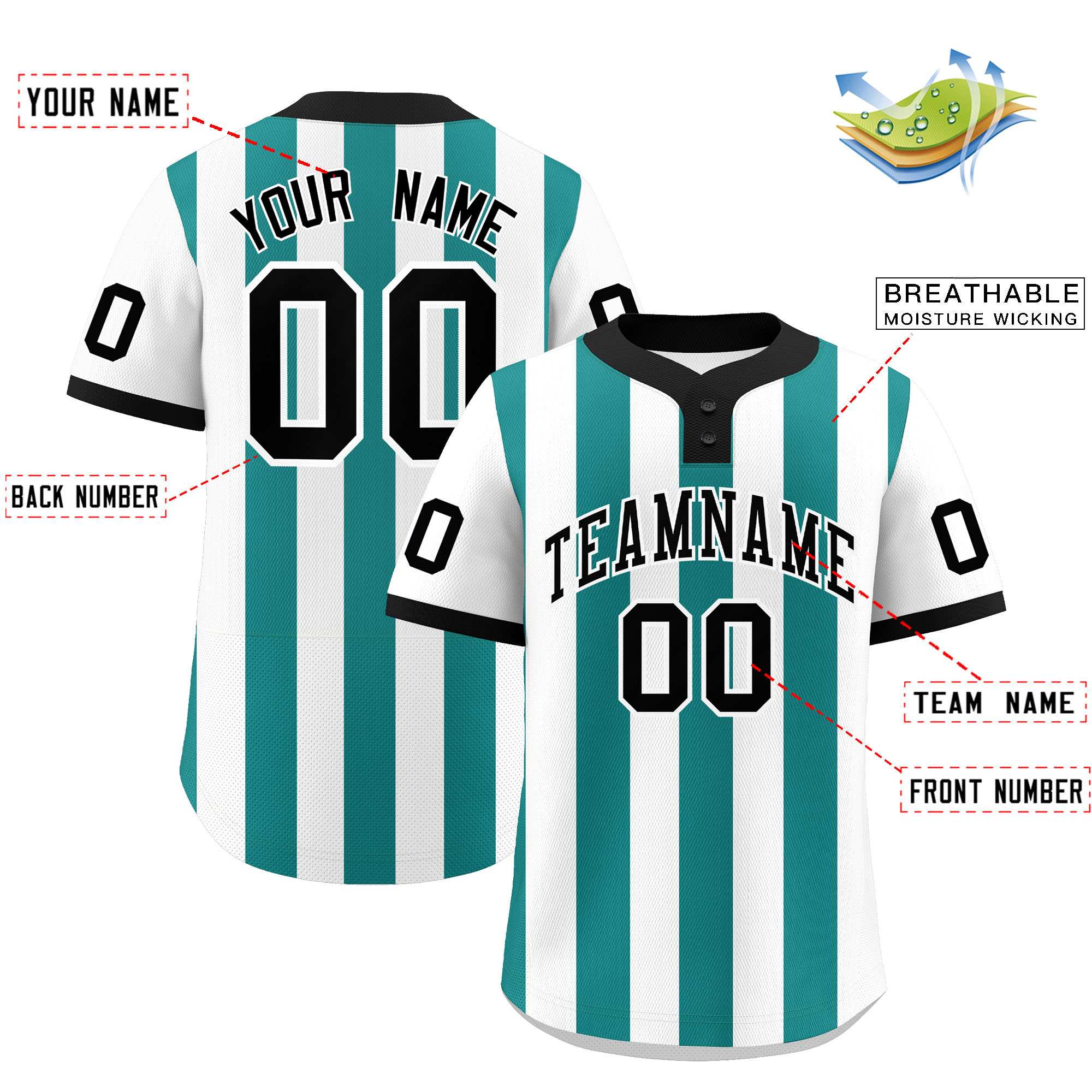 Custom White Aqua Stripe Fashion Authentic Two-Button Baseball Jersey| KXKSHOP