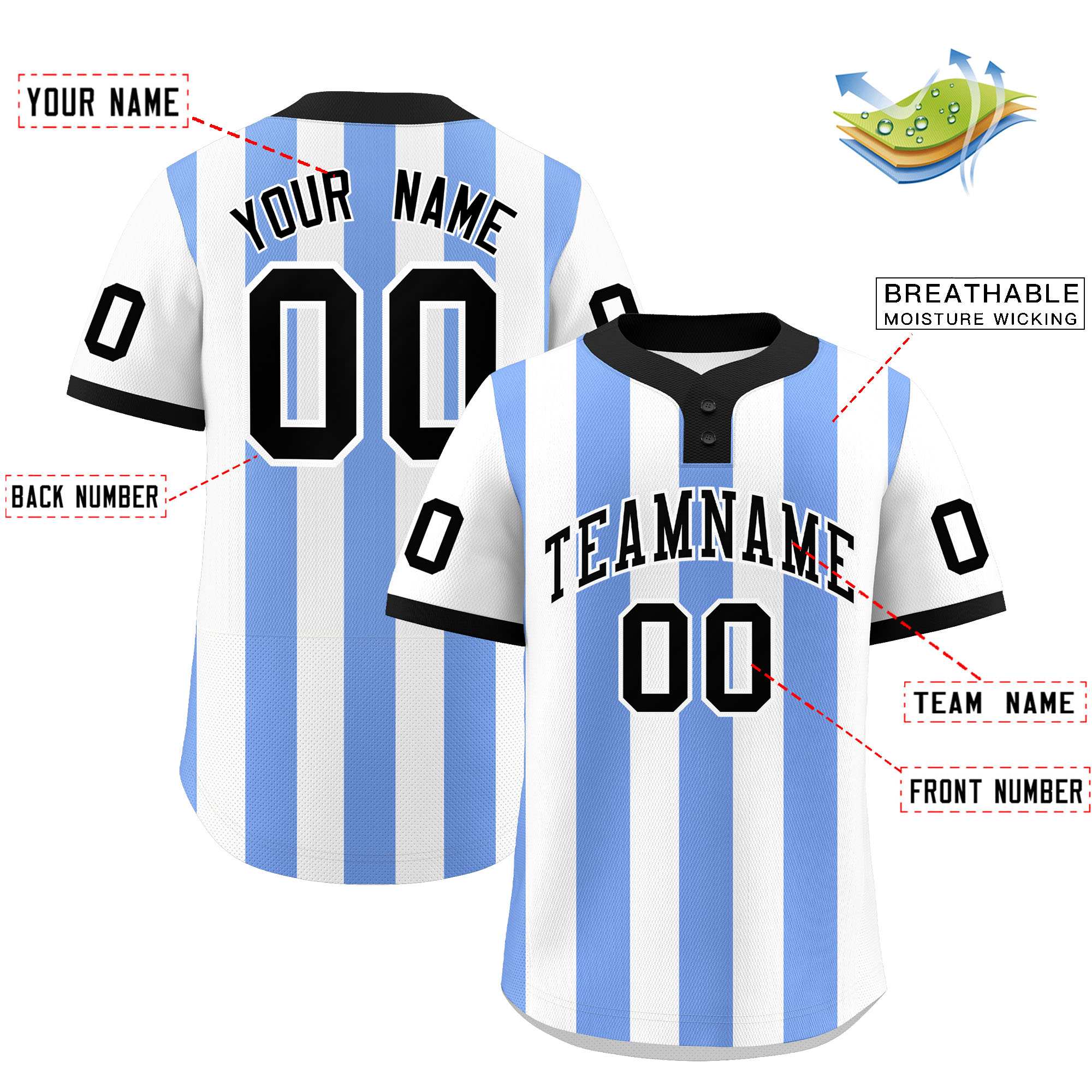Custom White Light Blue Stripe Fashion Authentic Two-Button Baseball Jersey| KXKSHOP