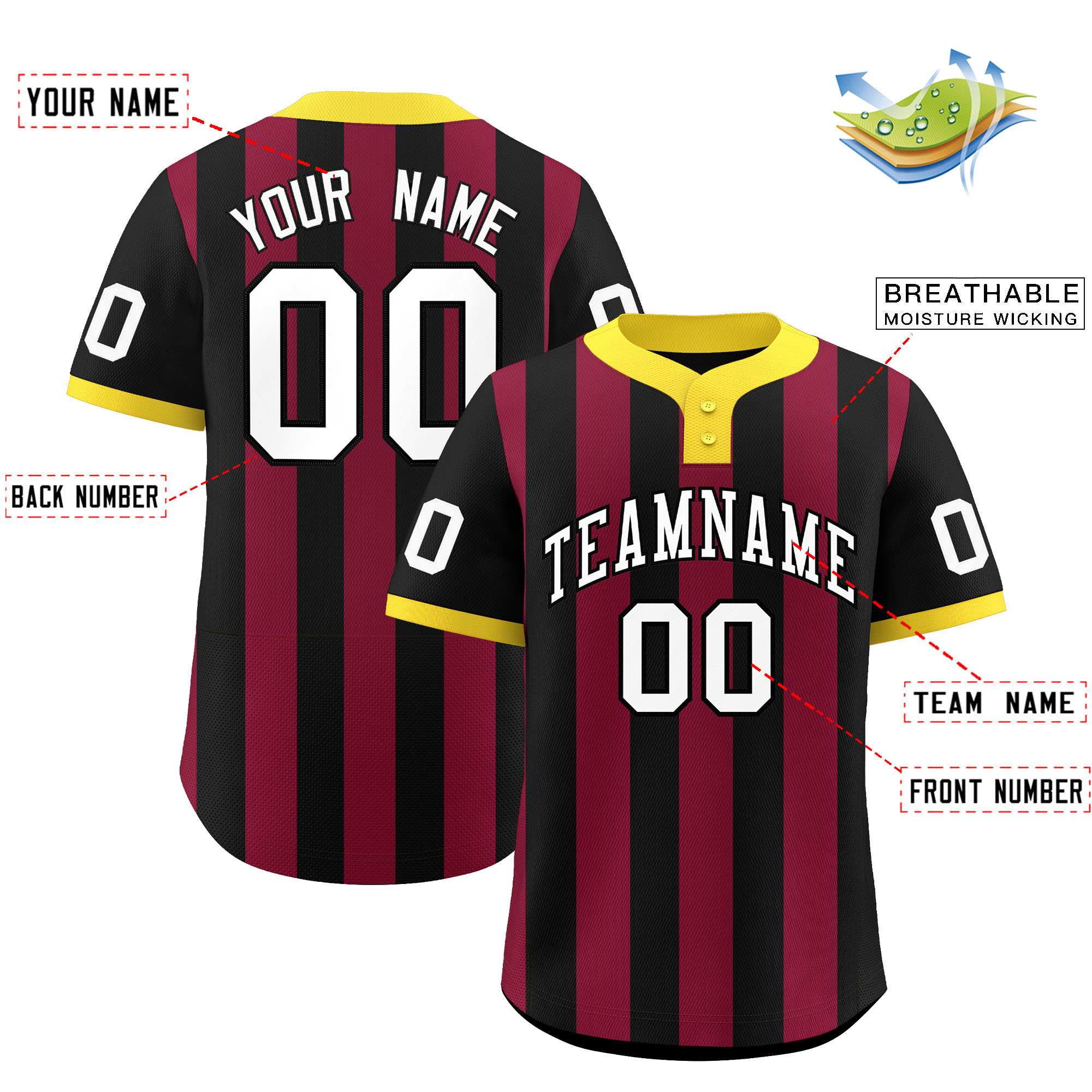 Custom Black Crimson Stripe Fashion Authentic Two-Button Baseball Jersey| KXKSHOP