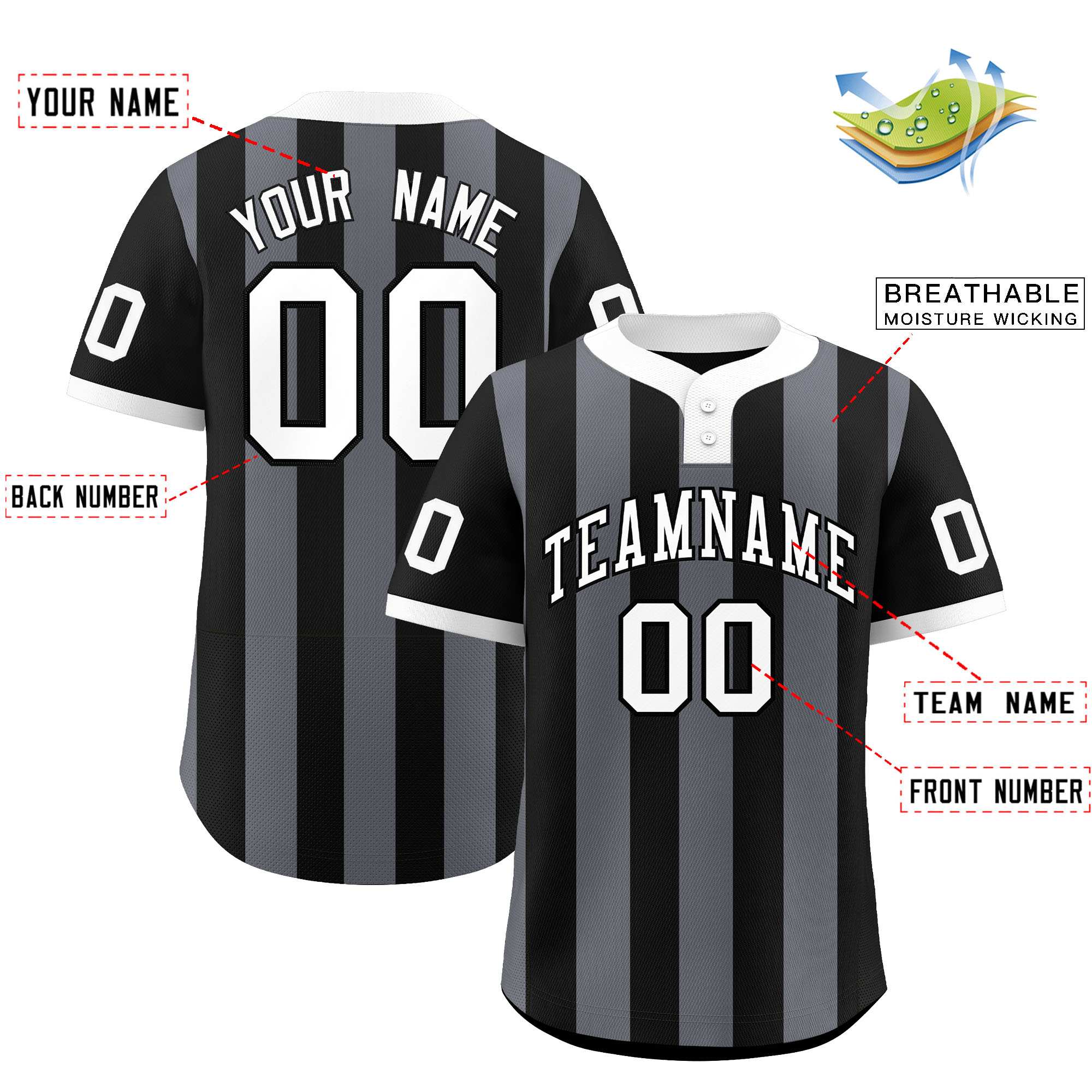 Custom Black Dark Gray Stripe Fashion Authentic Two-Button Baseball Jersey| KXKSHOP