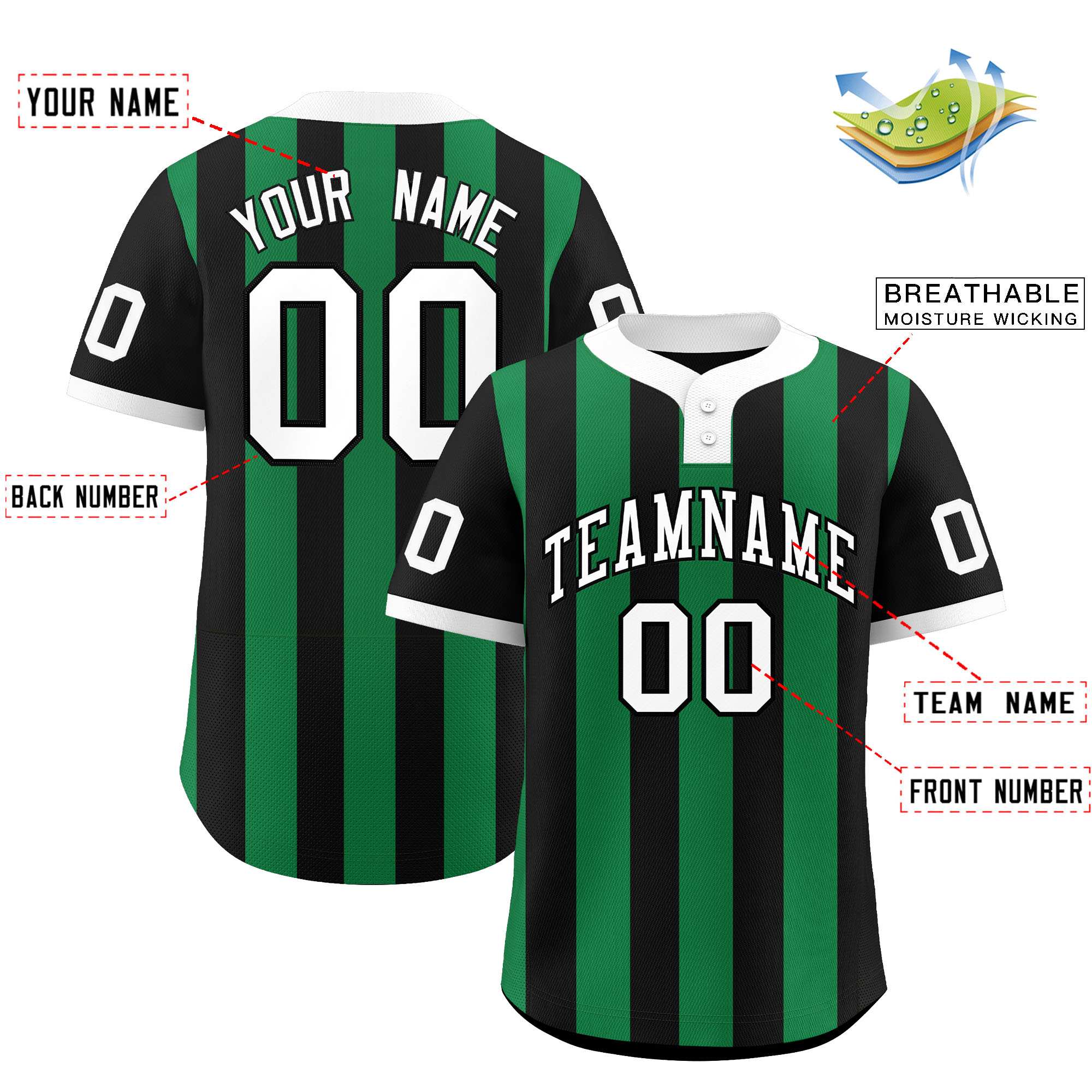 Custom Black Kelly Green Stripe Fashion Authentic Two-Button Baseball Jersey| KXKSHOP