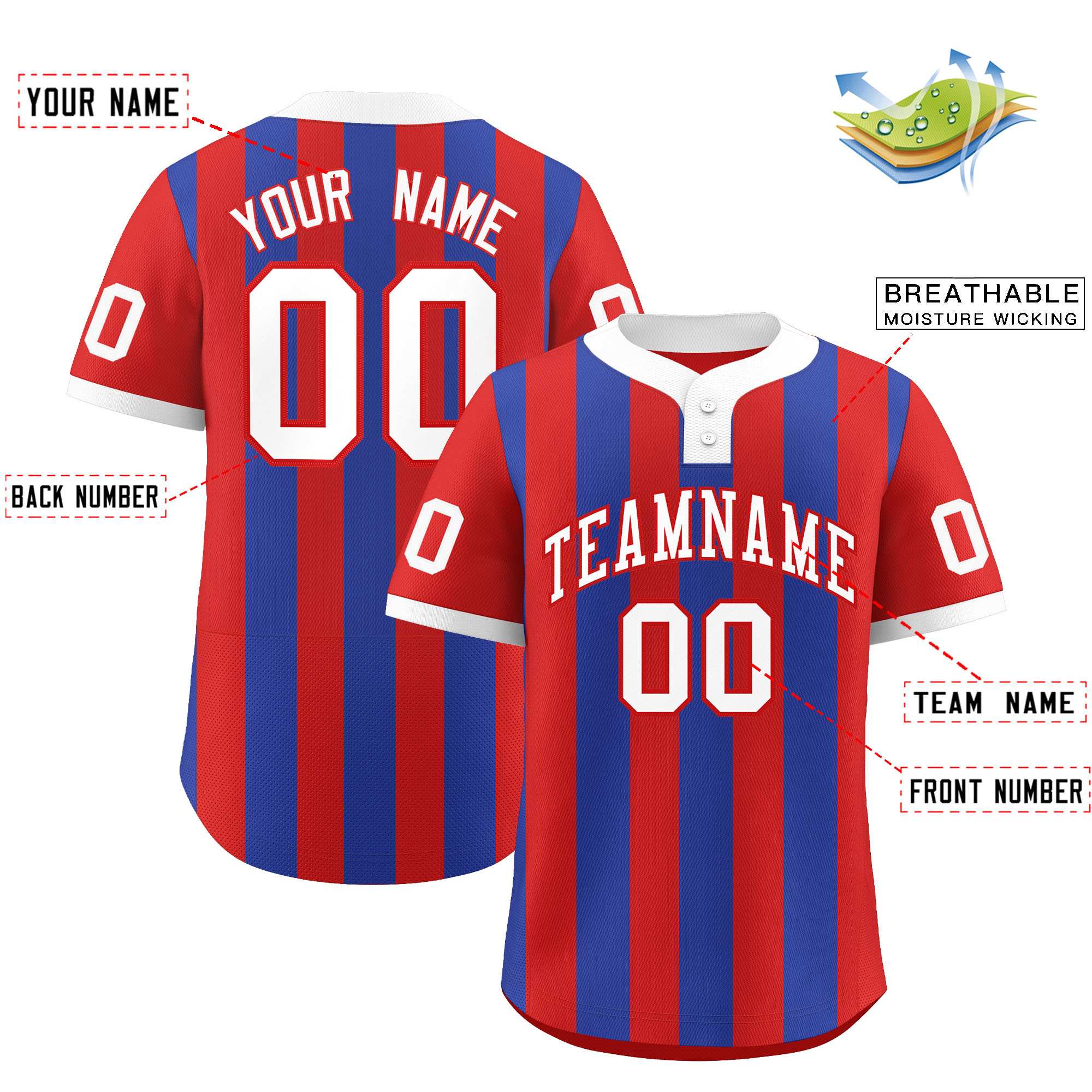 Custom Red Royal Stripe Fashion Authentic Two-Button Baseball Jersey| KXKSHOP
