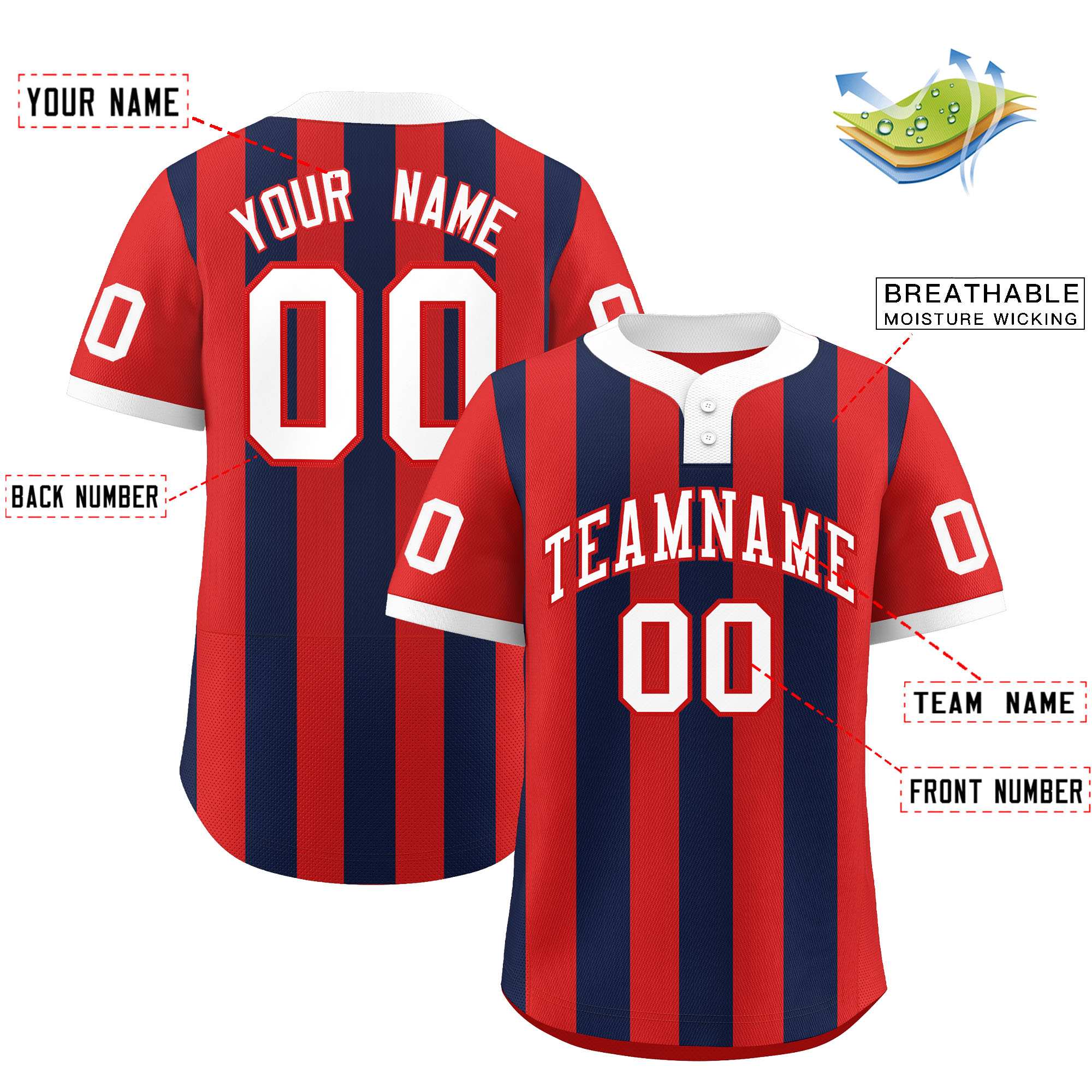 Custom Red Navy Stripe Fashion Authentic Two-Button Baseball Jersey| KXKSHOP