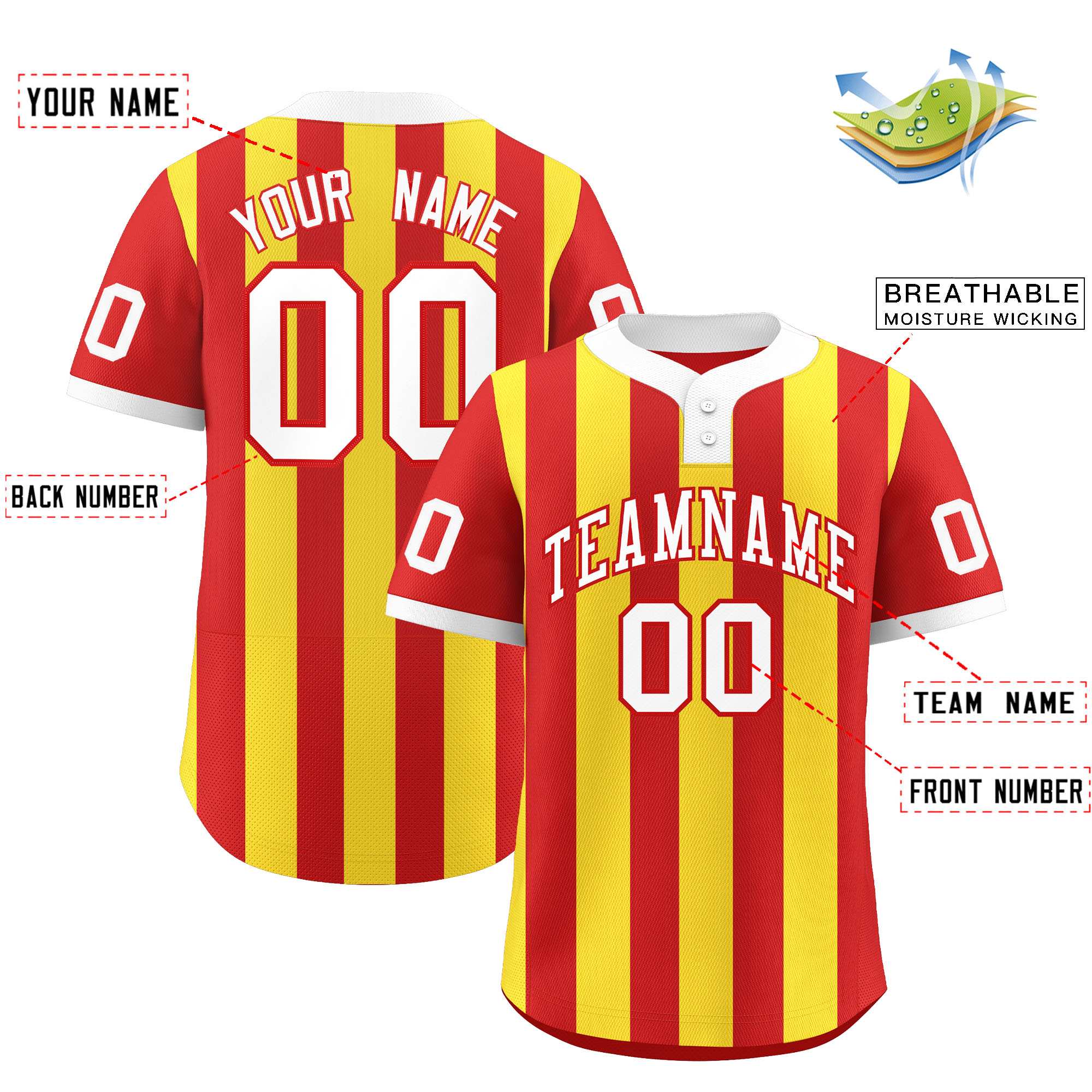 Custom Red Gold Stripe Fashion Authentic Two-Button Baseball Jersey| KXKSHOP