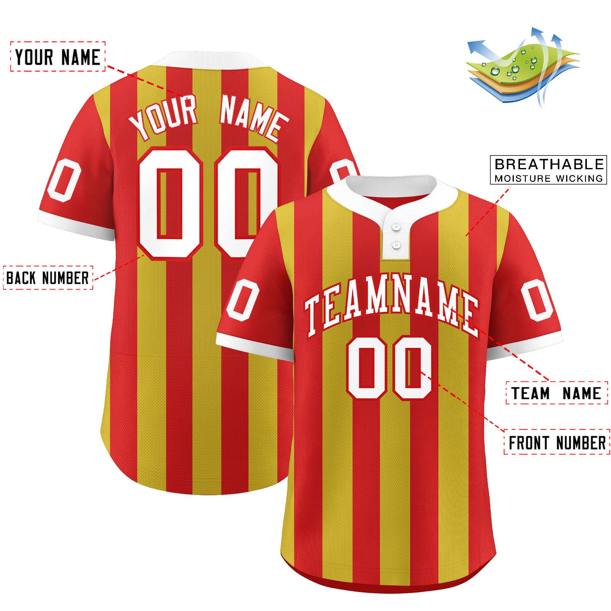 Custom Red Old Gold Stripe Fashion Authentic Two-Button Baseball Jersey| KXKSHOP