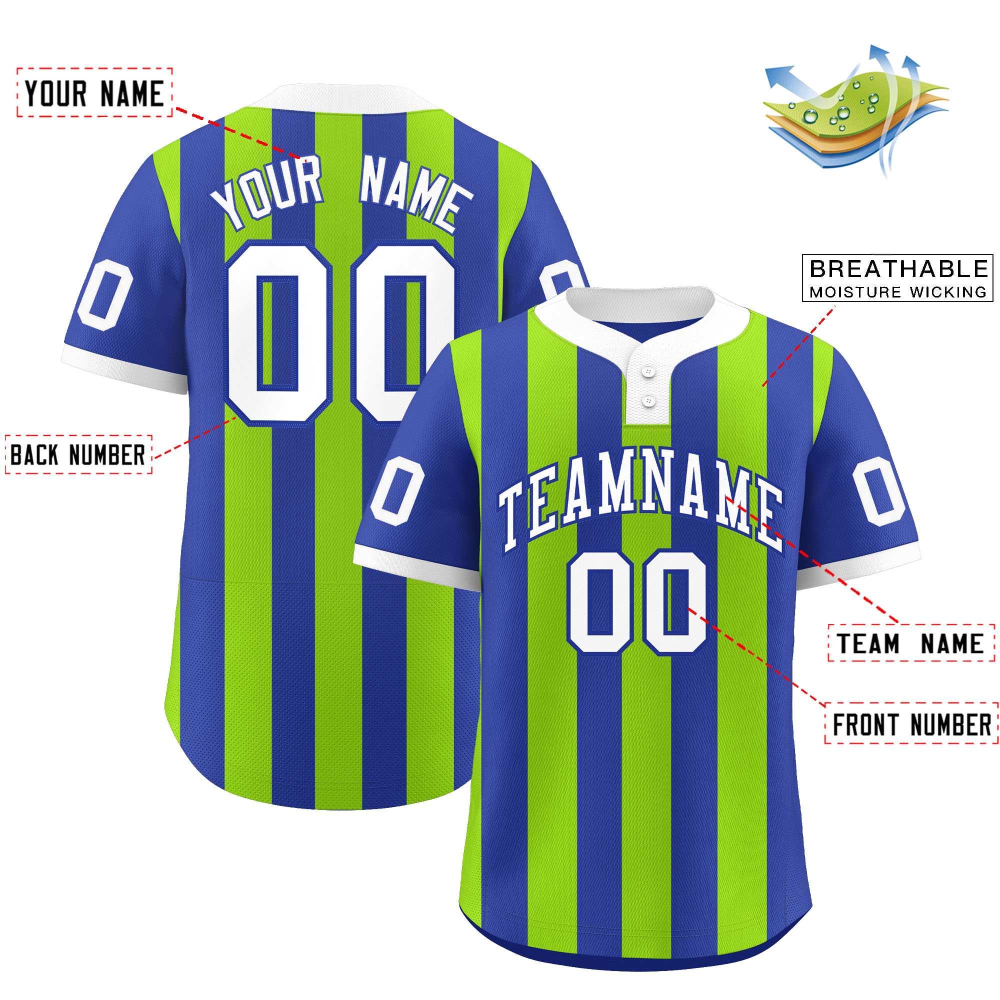 Custom Royal Neon Green Stripe Fashion Authentic Two-Button Baseball Jersey| KXKSHOP