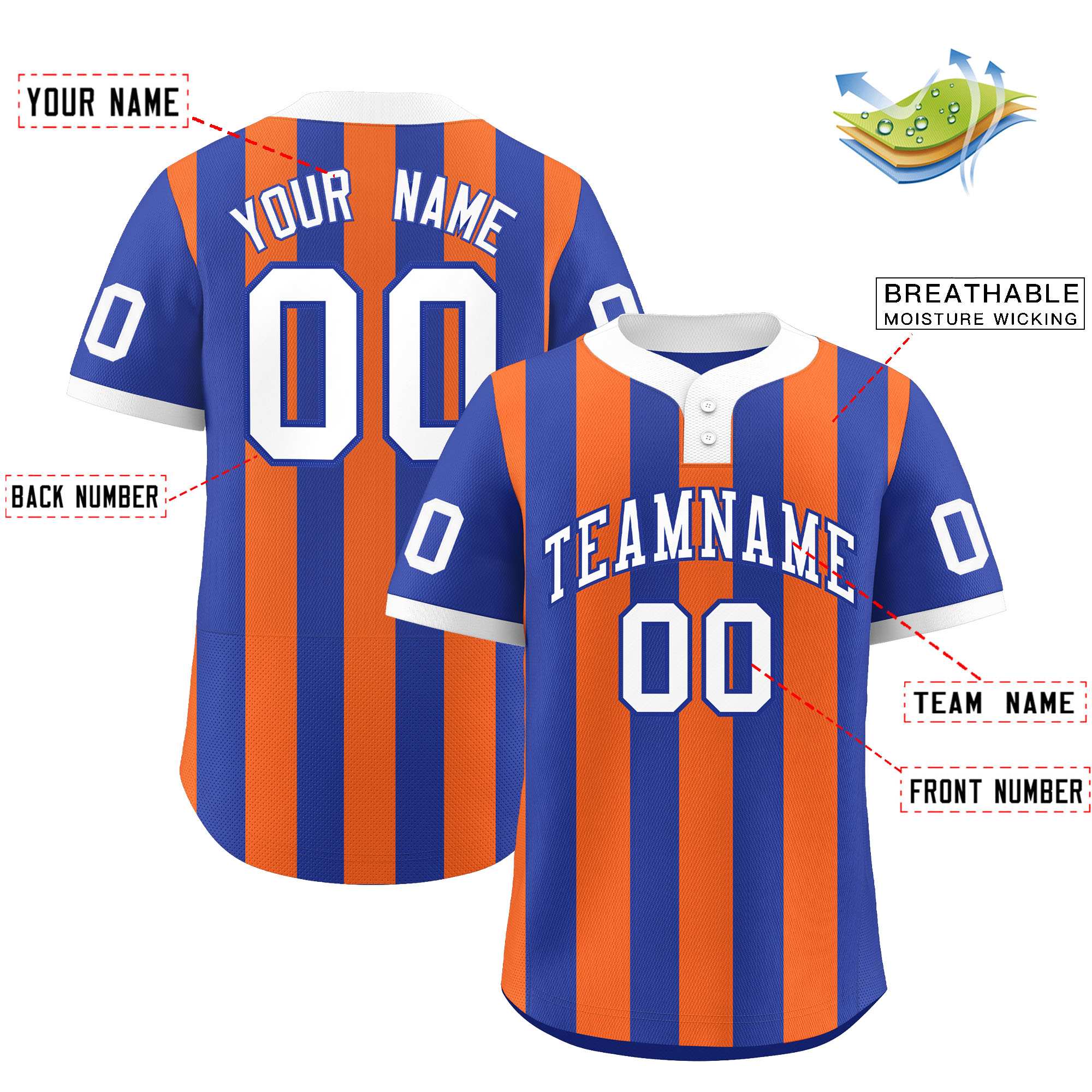 Custom Royal Orange Stripe Fashion Authentic Two-Button Baseball Jersey| KXKSHOP