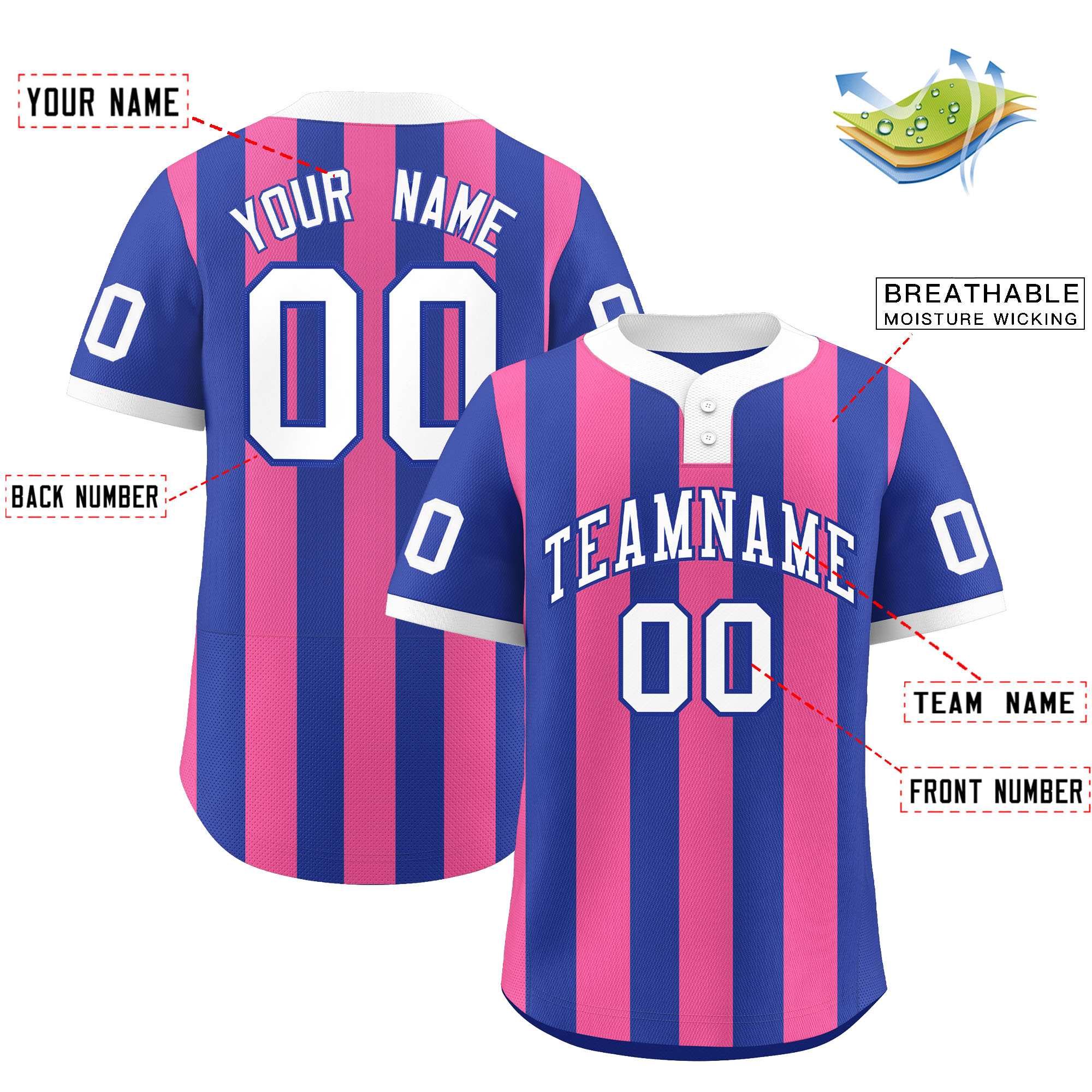 Custom Royal Pink Stripe Fashion Authentic Two-Button Baseball Jersey| KXKSHOP