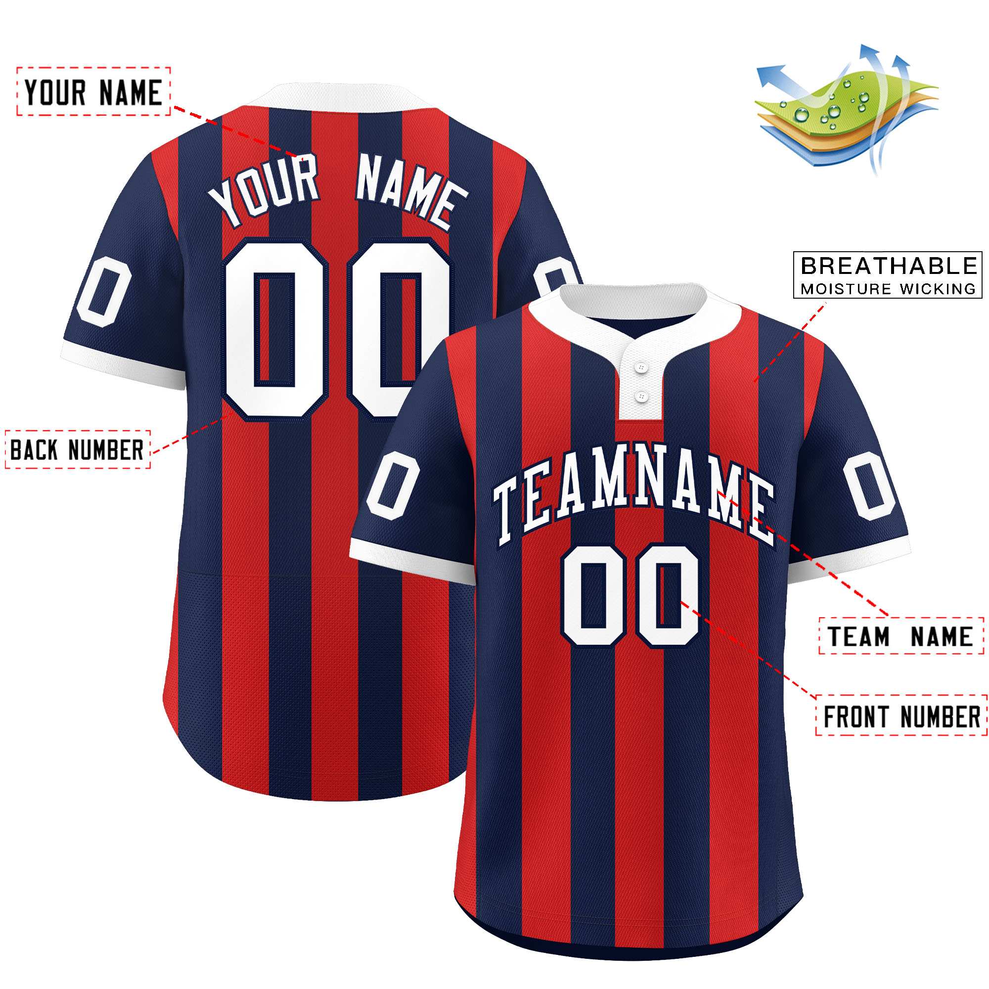 Custom Navy Red Stripe Fashion Authentic Two-Button Baseball Jersey| KXKSHOP