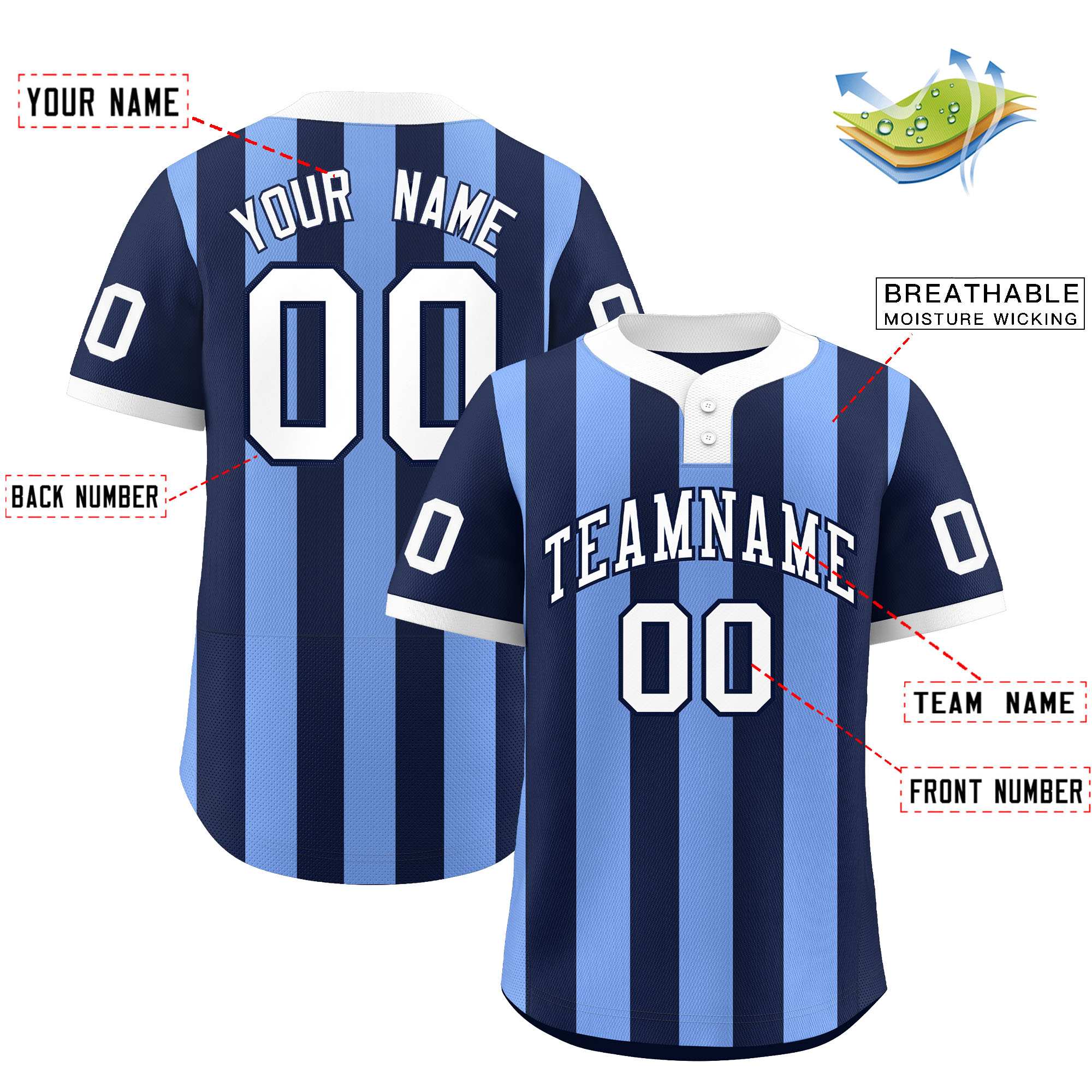 Custom Navy Light Blue Stripe Fashion Authentic Two-Button Baseball Jersey| KXKSHOP