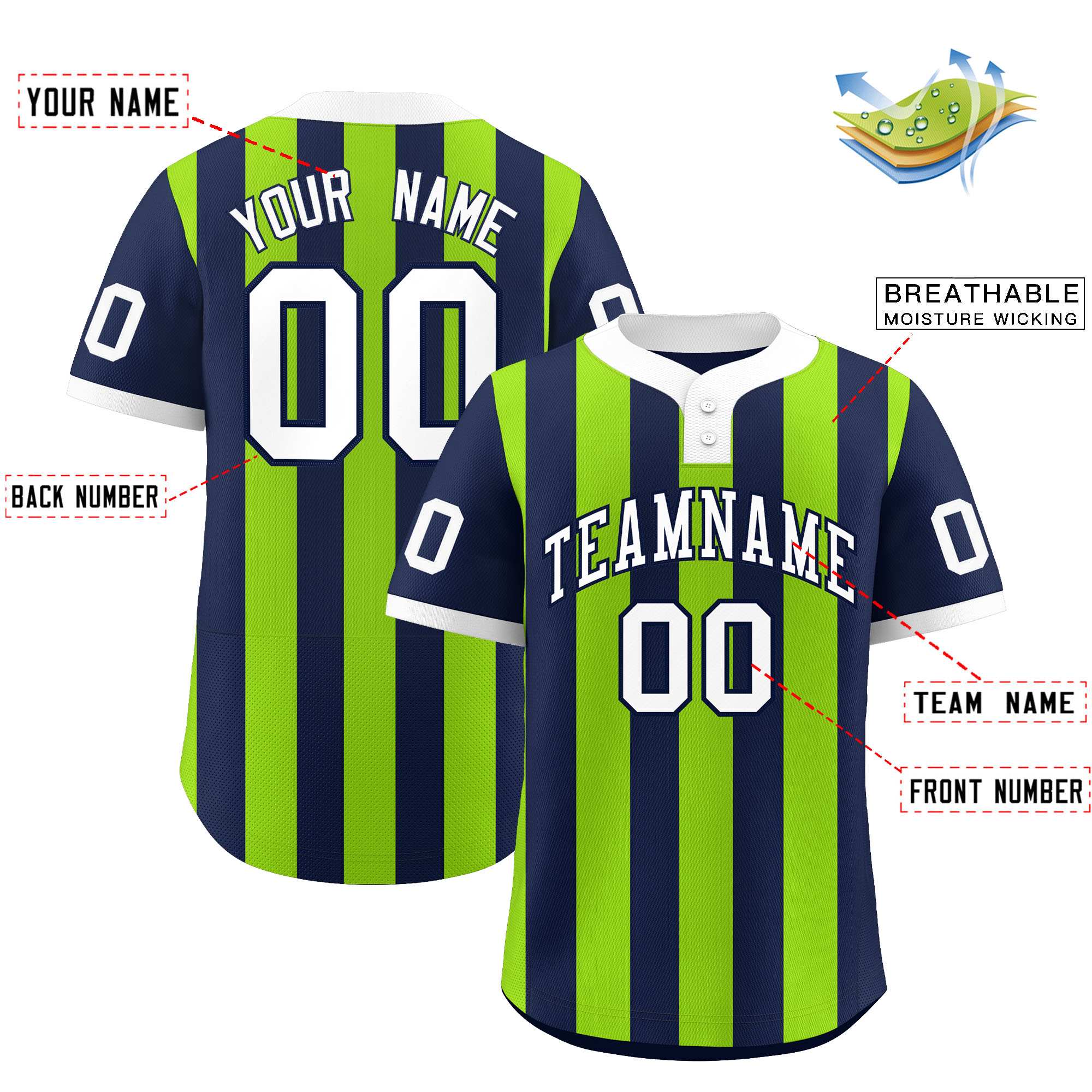 Custom Navy Neon Green Stripe Fashion Authentic Two-Button Baseball Jersey| KXKSHOP