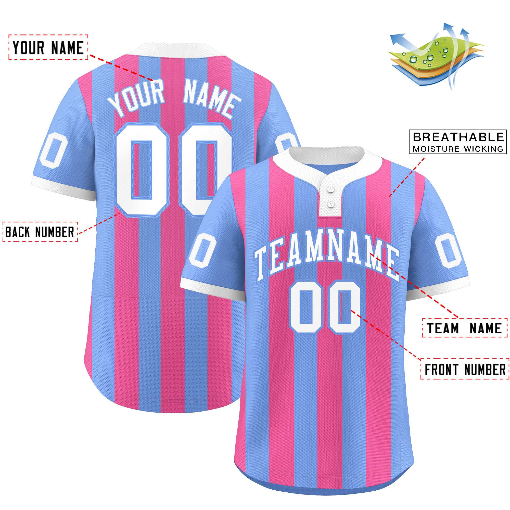 Custom Light Blue Pink Stripe Fashion Authentic Two-Button Baseball Jersey| KXKSHOP