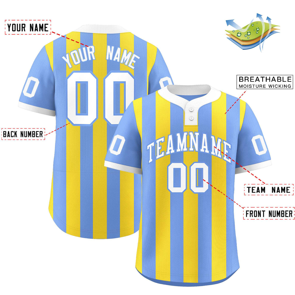 Custom Light Blue Gold Stripe Fashion Authentic Two-Button Softball Jersey