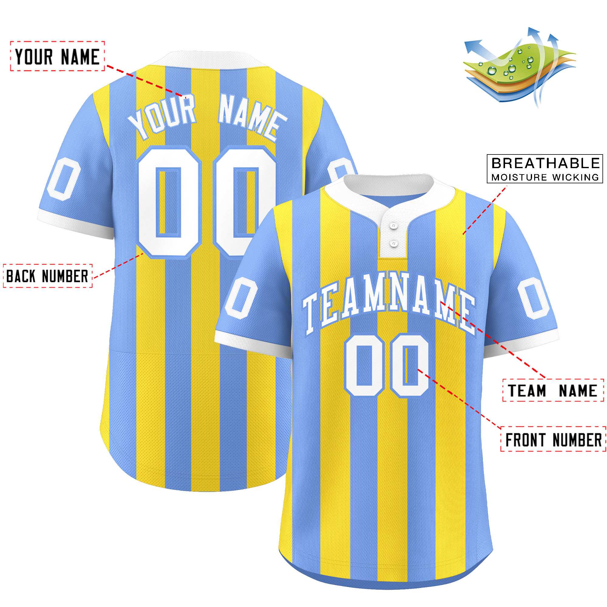 Custom Light Blue Gold Stripe Fashion Authentic Two-Button Softball Jersey