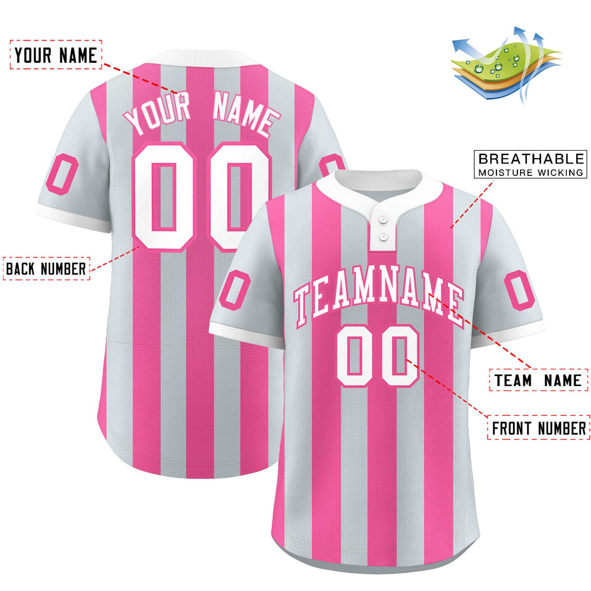 Custom Silver Pink Stripe Fashion Authentic Two-Button Softball Jersey