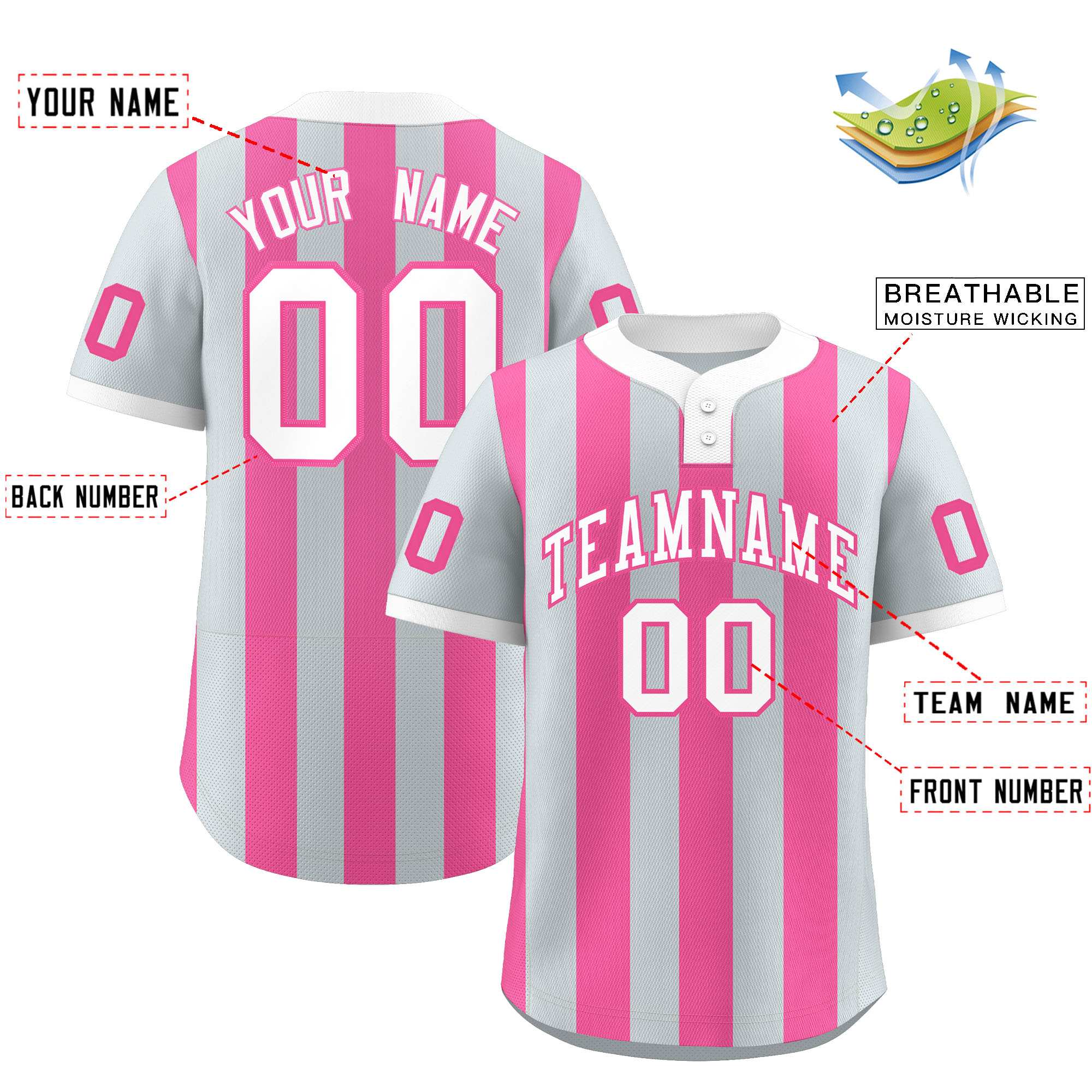 Custom Silver Pink Stripe Fashion Authentic Two-Button Softball Jersey