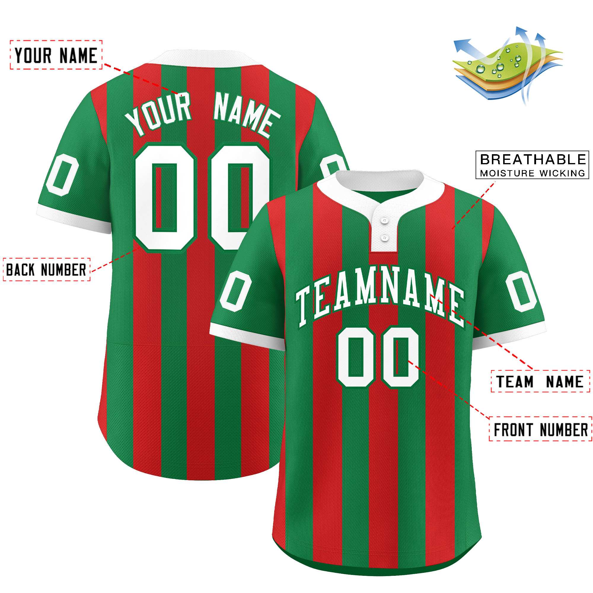 Custom Kelly Green Red Stripe Fashion Authentic Two-Button Baseball Jersey| KXKSHOP