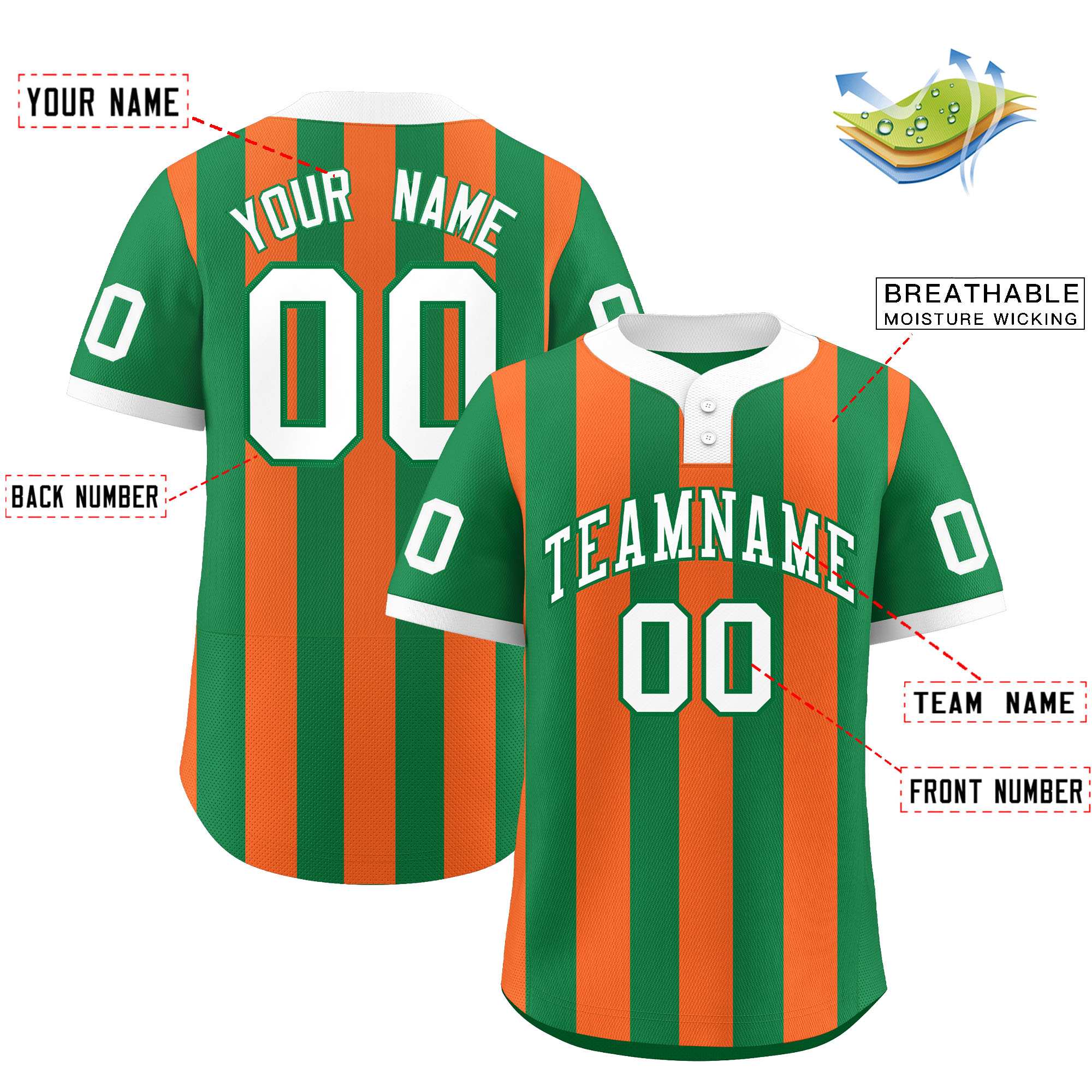 Custom Kelly Green Orange Stripe Fashion Authentic Two-Button Baseball Jersey| KXKSHOP