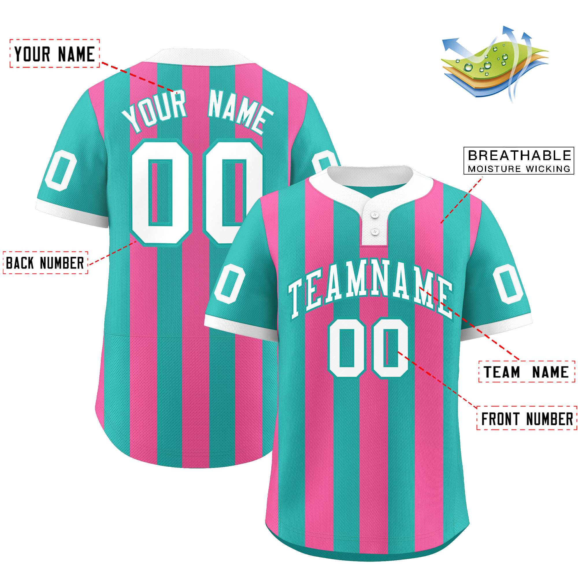 Custom Aqua Pink Stripe Fashion Authentic Two-Button Softball Jersey