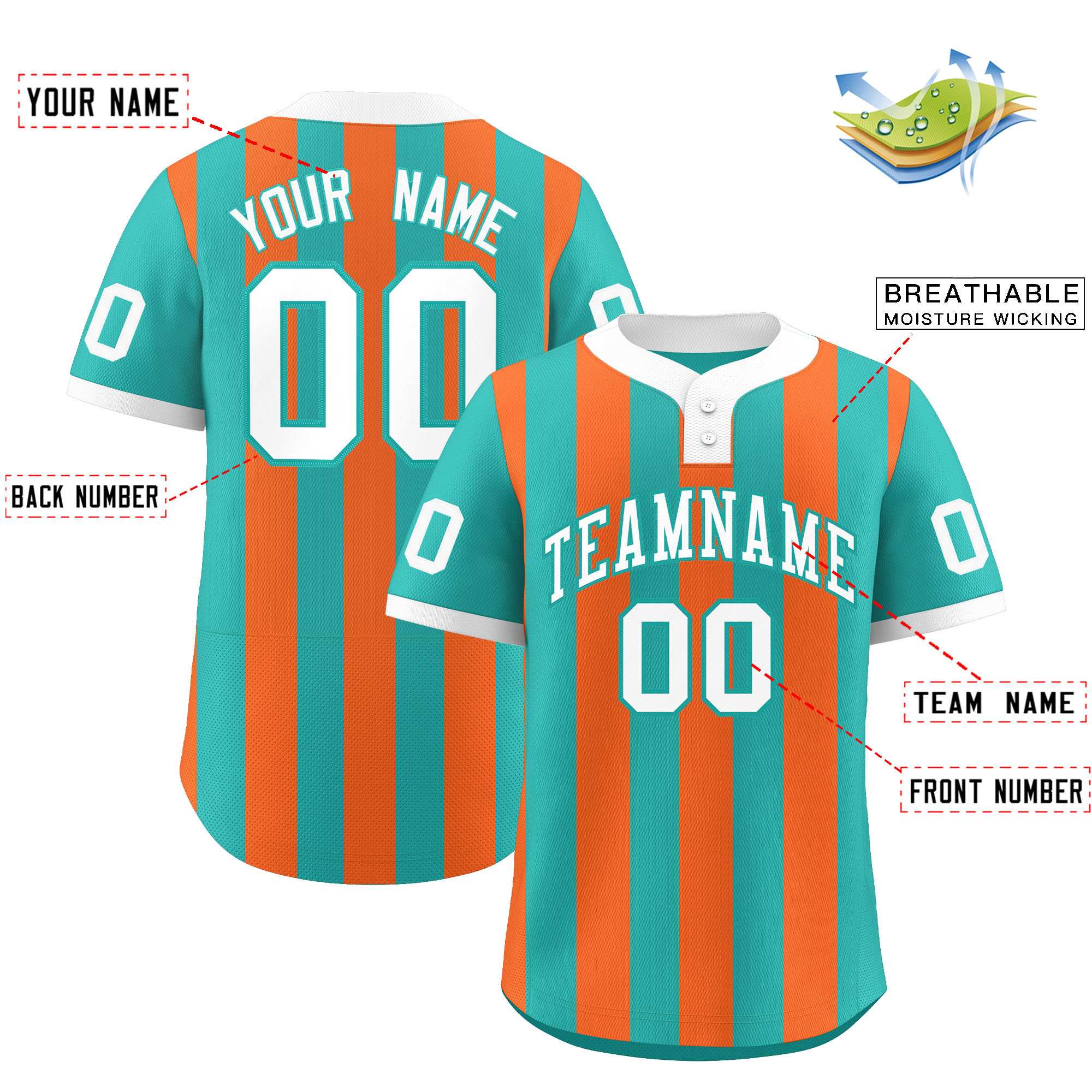 Custom Aqua Orange Stripe Fashion Authentic Two-Button Softball Jersey