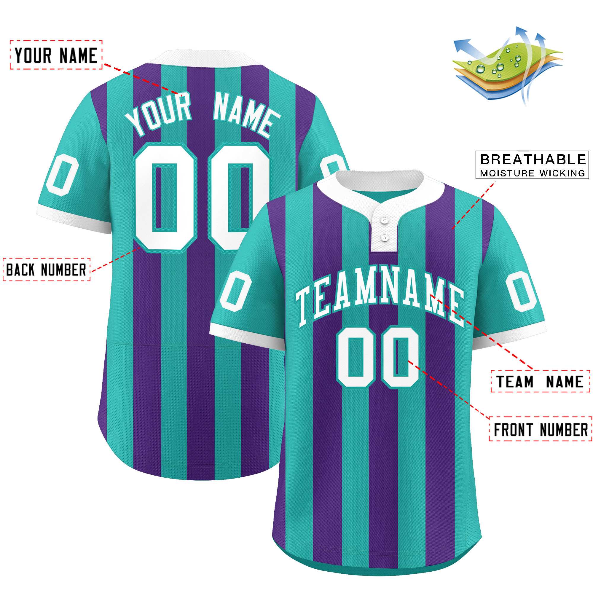 Custom Aqua Purple Stripe Fashion Authentic Two-Button Baseball Jersey| KXKSHOP