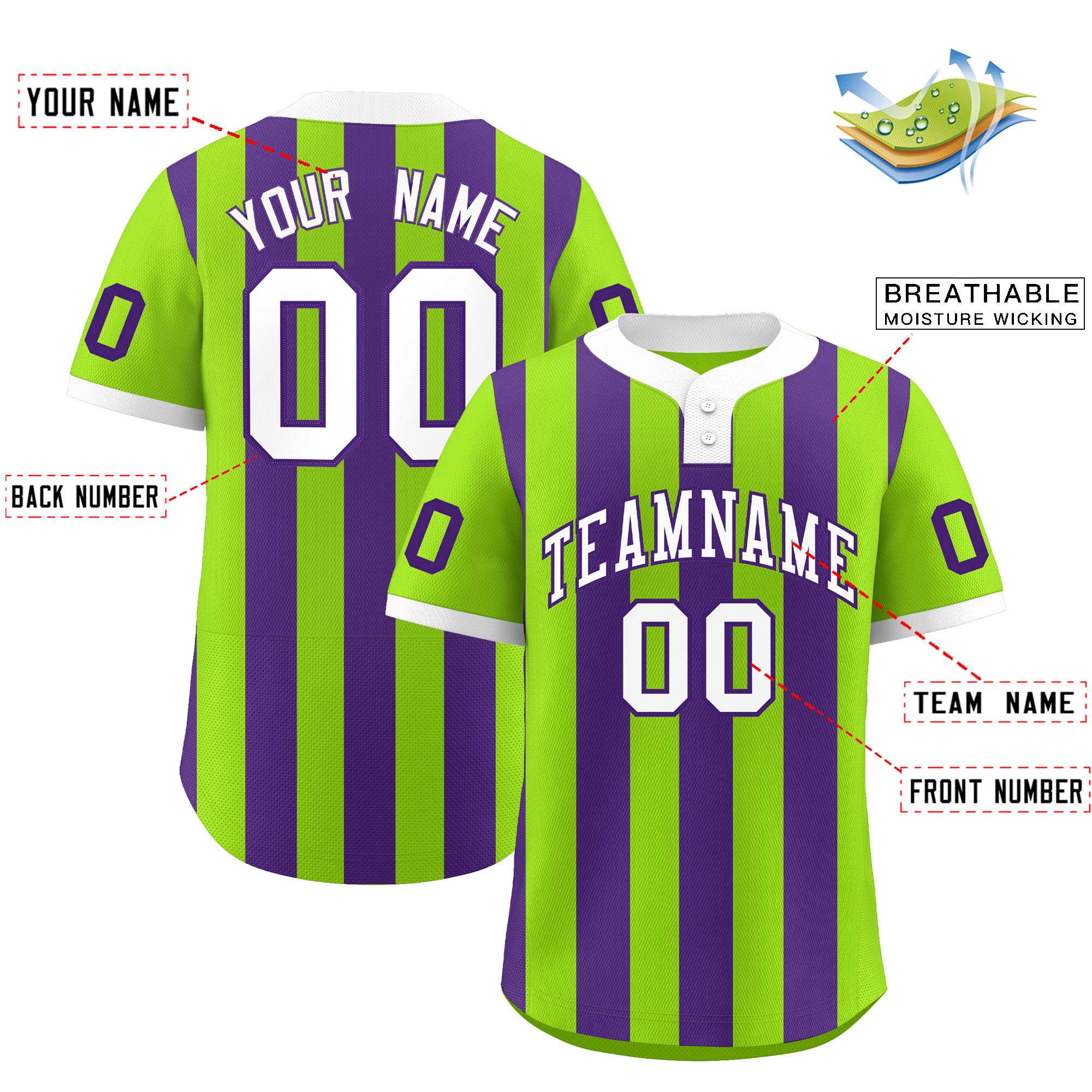 Custom Neon Green Purple Stripe Fashion Authentic Two-Button Baseball Jersey| KXKSHOP