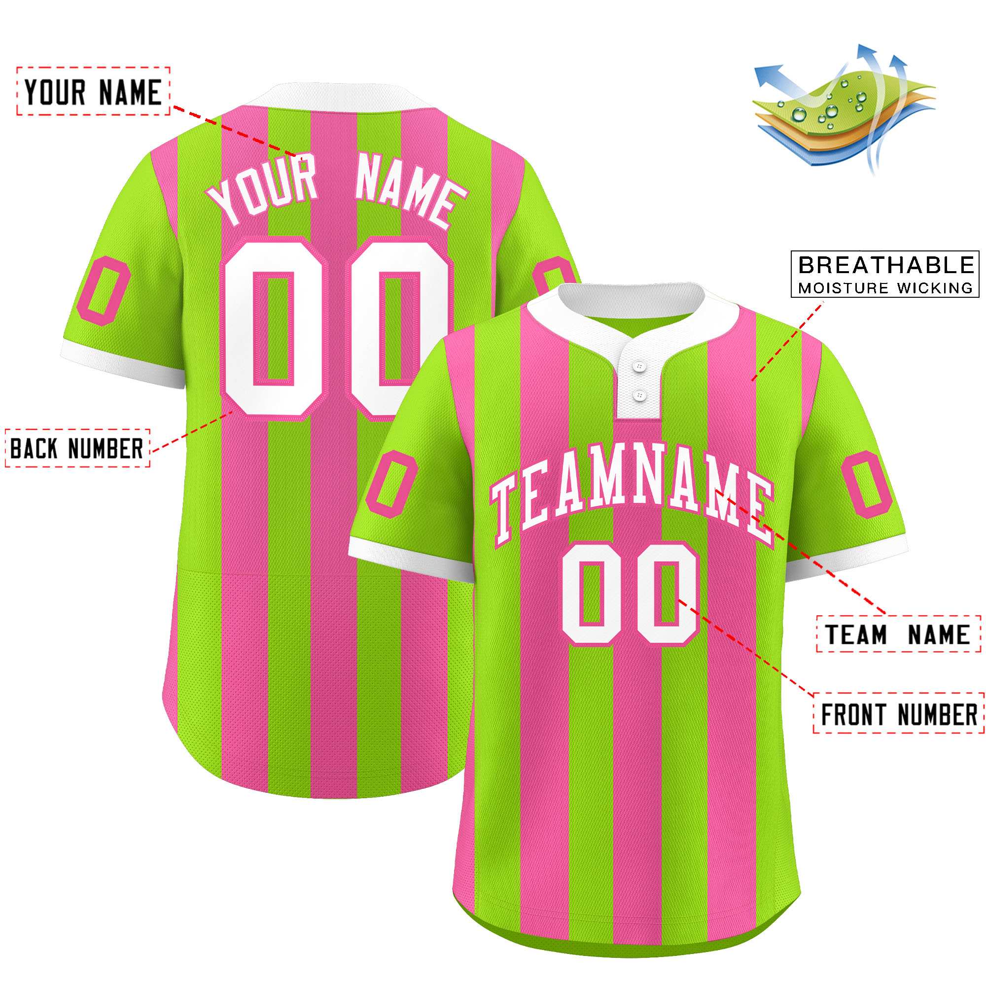 Custom Neon Green Pink Stripe Fashion Authentic Two-Button Baseball Jersey| KXKSHOP