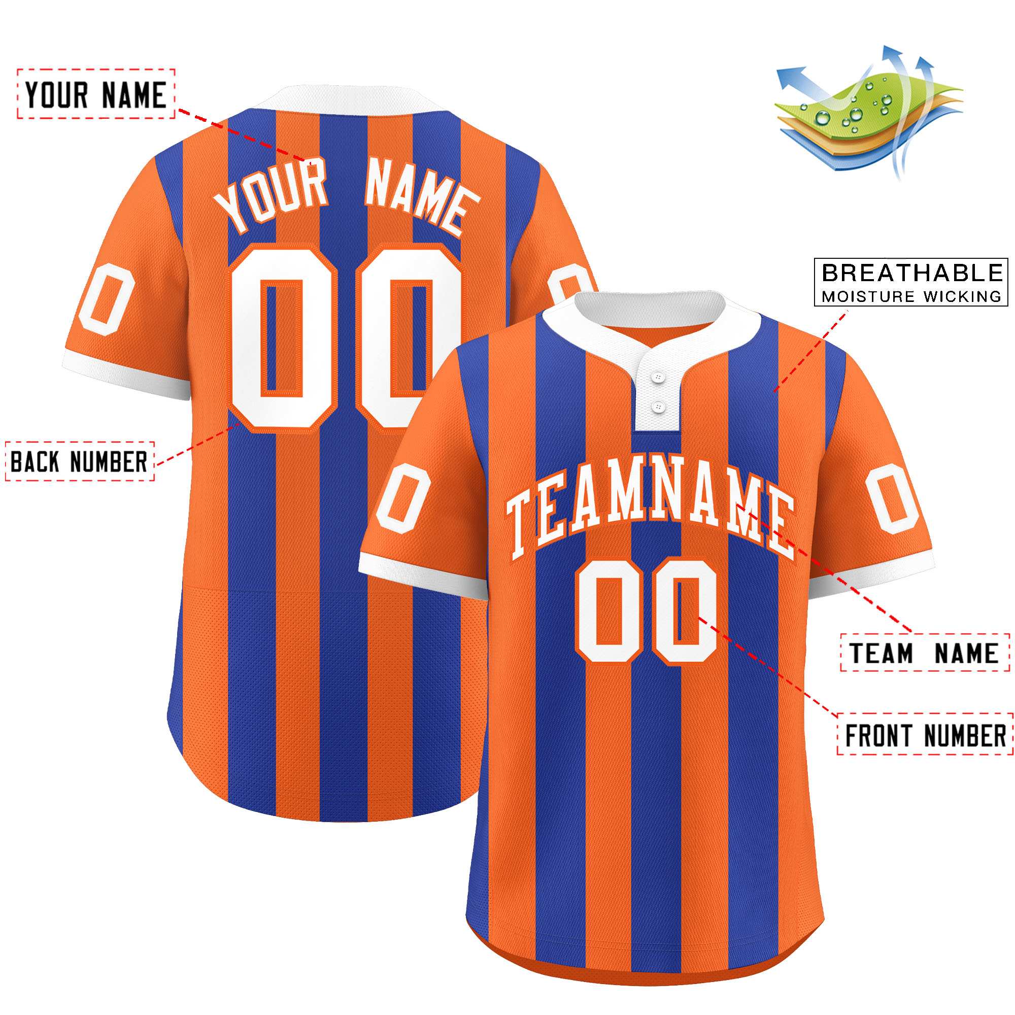Custom Orange Royal Stripe Fashion Authentic Two-Button Baseball Jersey| KXKSHOP