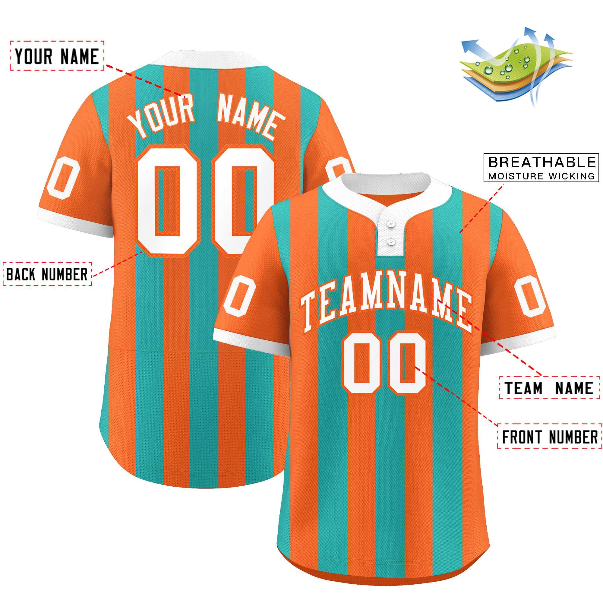 Custom Orange Aqua Stripe Fashion Authentic Two-Button Softball Jersey
