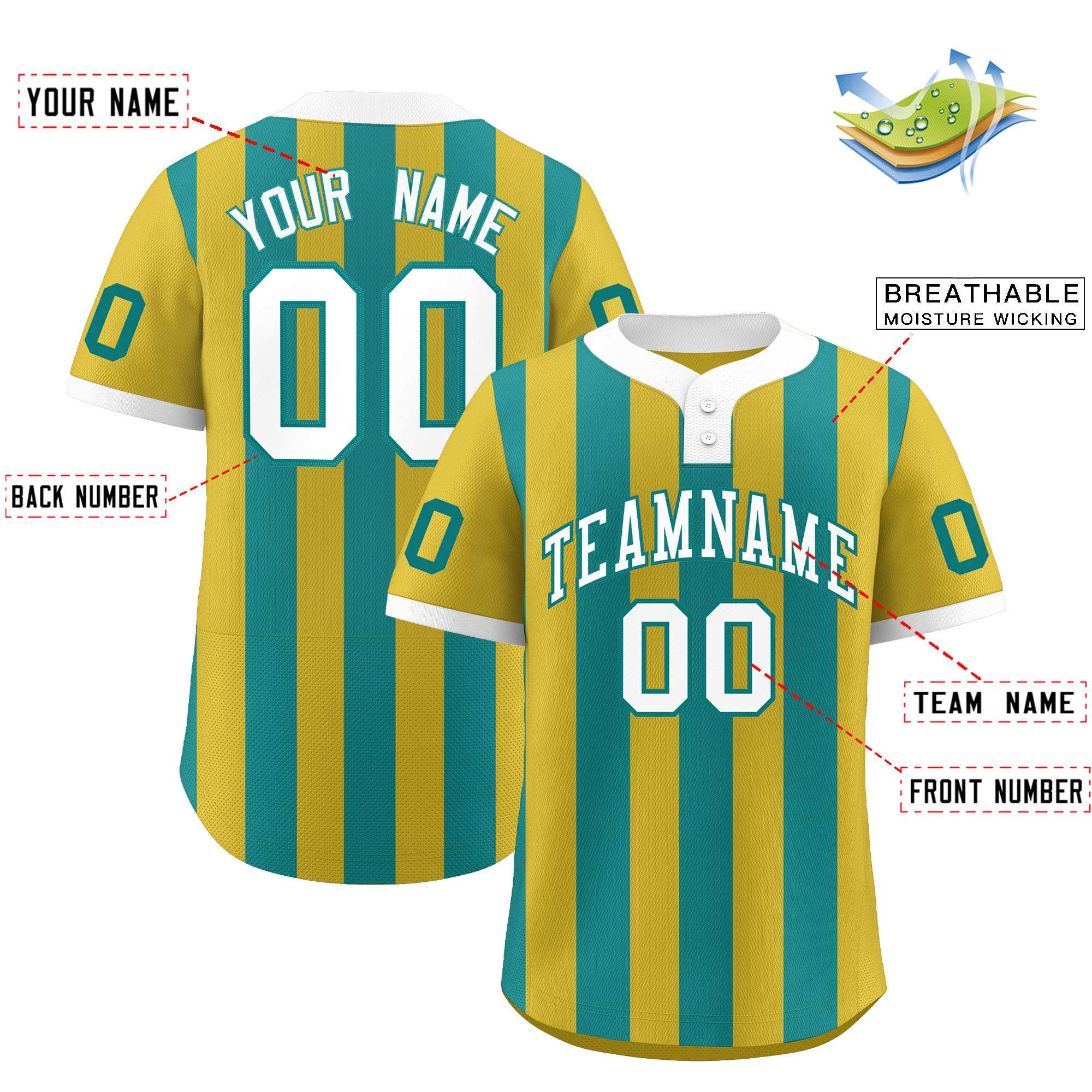 Custom Old Gold Aqua Stripe Fashion Authentic Two-Button Baseball Jersey| KXKSHOP