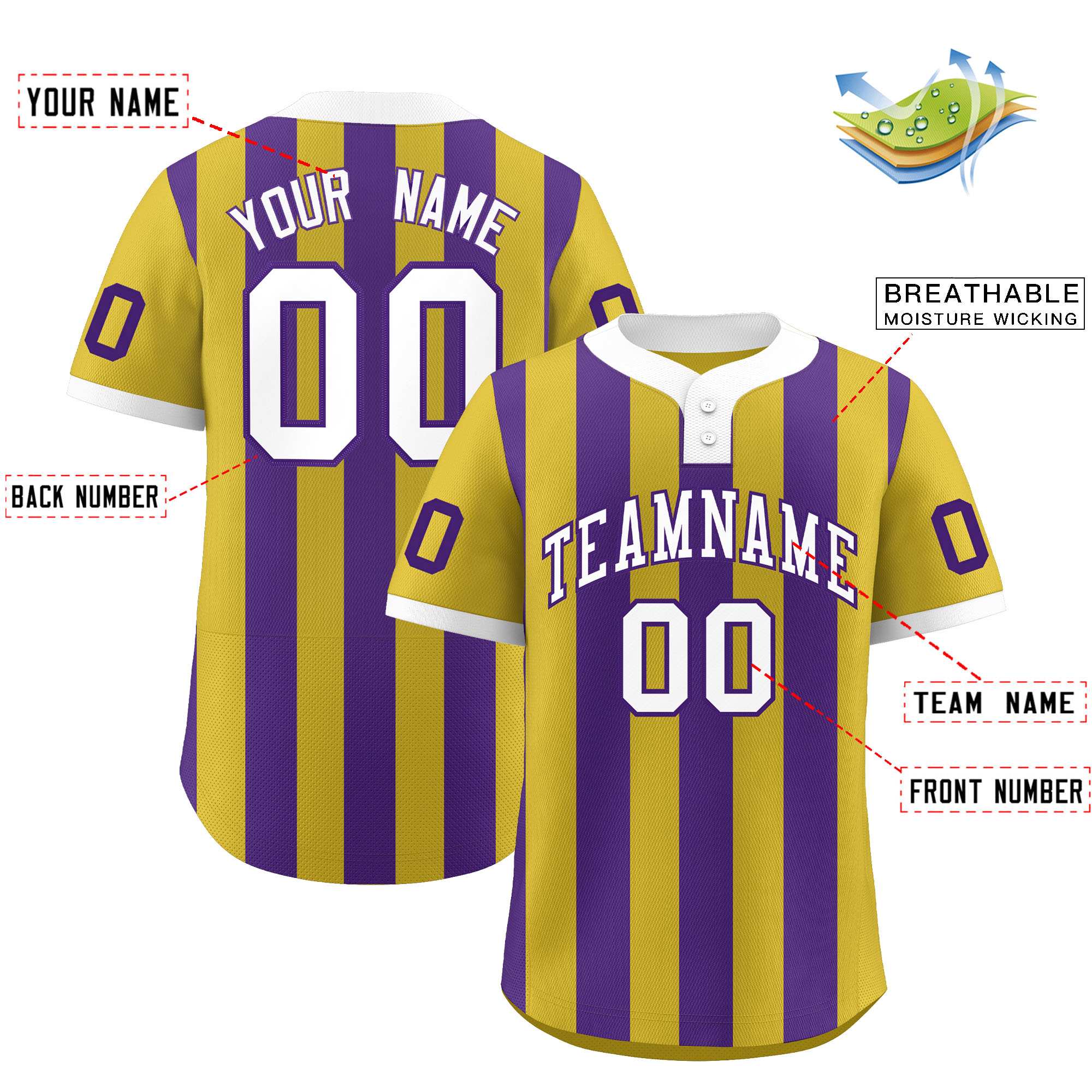 Custom Old Gold Purple Stripe Fashion Authentic Two-Button Softball Jersey