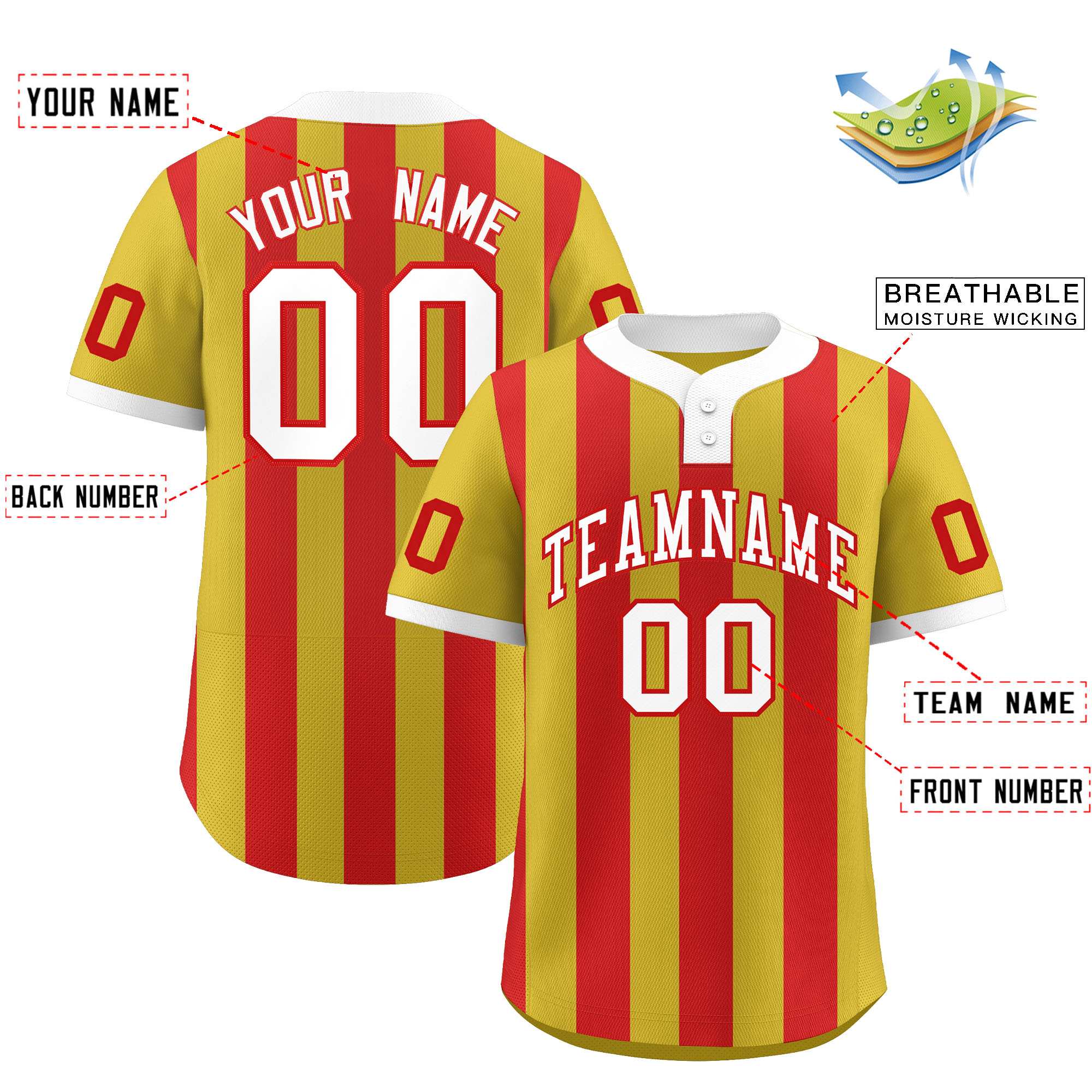 Custom Old Gold Red Stripe Fashion Authentic Two-Button Baseball Jersey| KXKSHOP