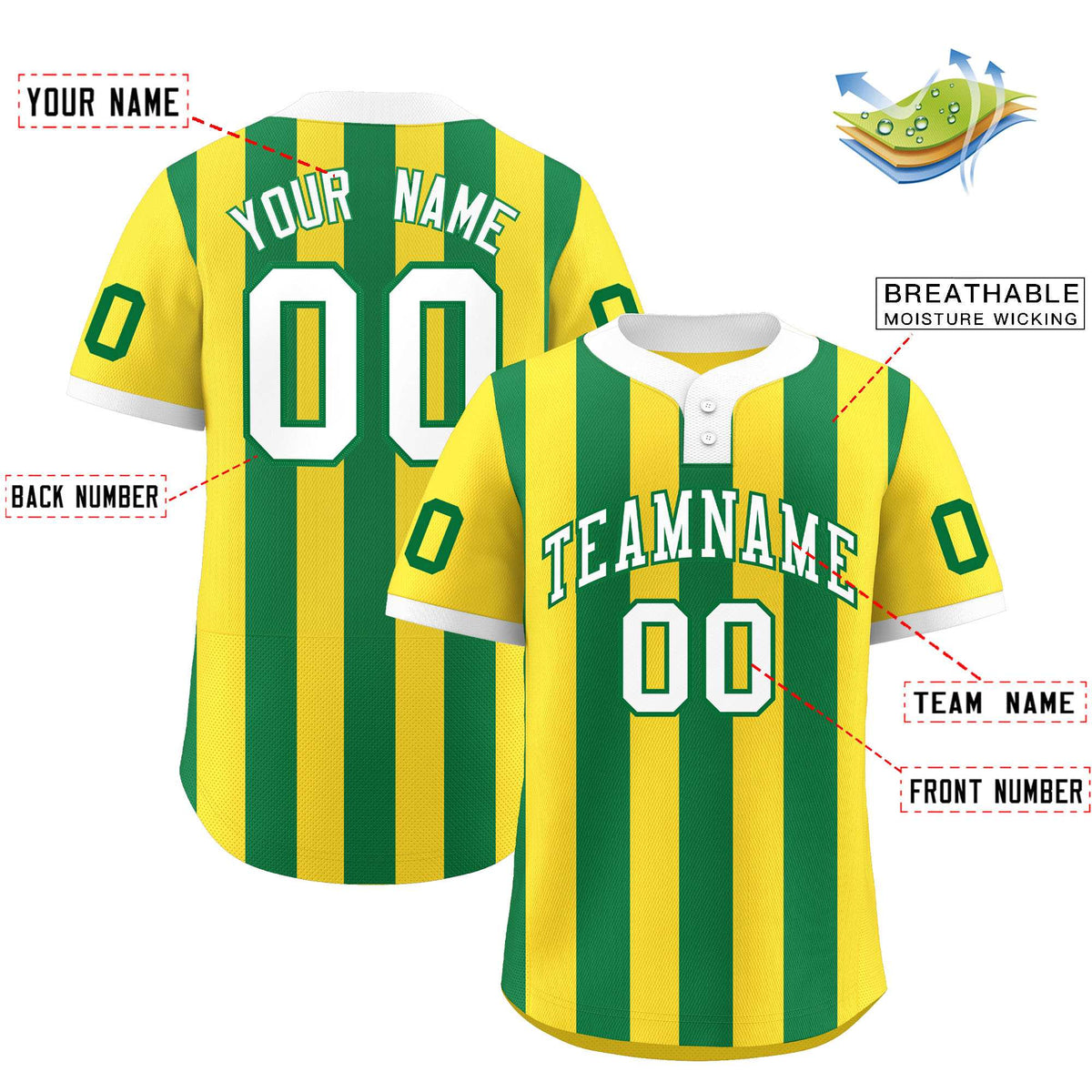 Custom Gold Kelly Green Stripe Fashion Authentic Two-Button Softball Jersey