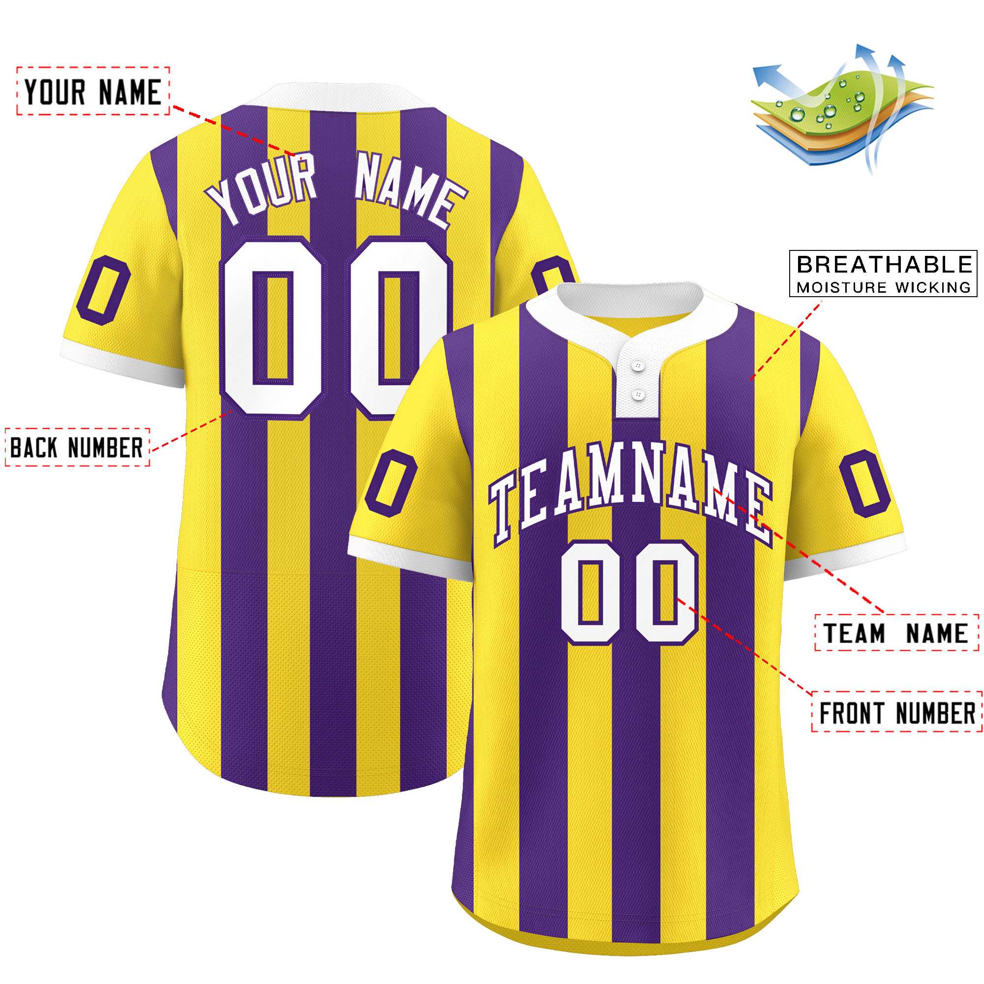 Custom Gold Purple Stripe Fashion Authentic Two-Button Baseball Jersey| KXKSHOP