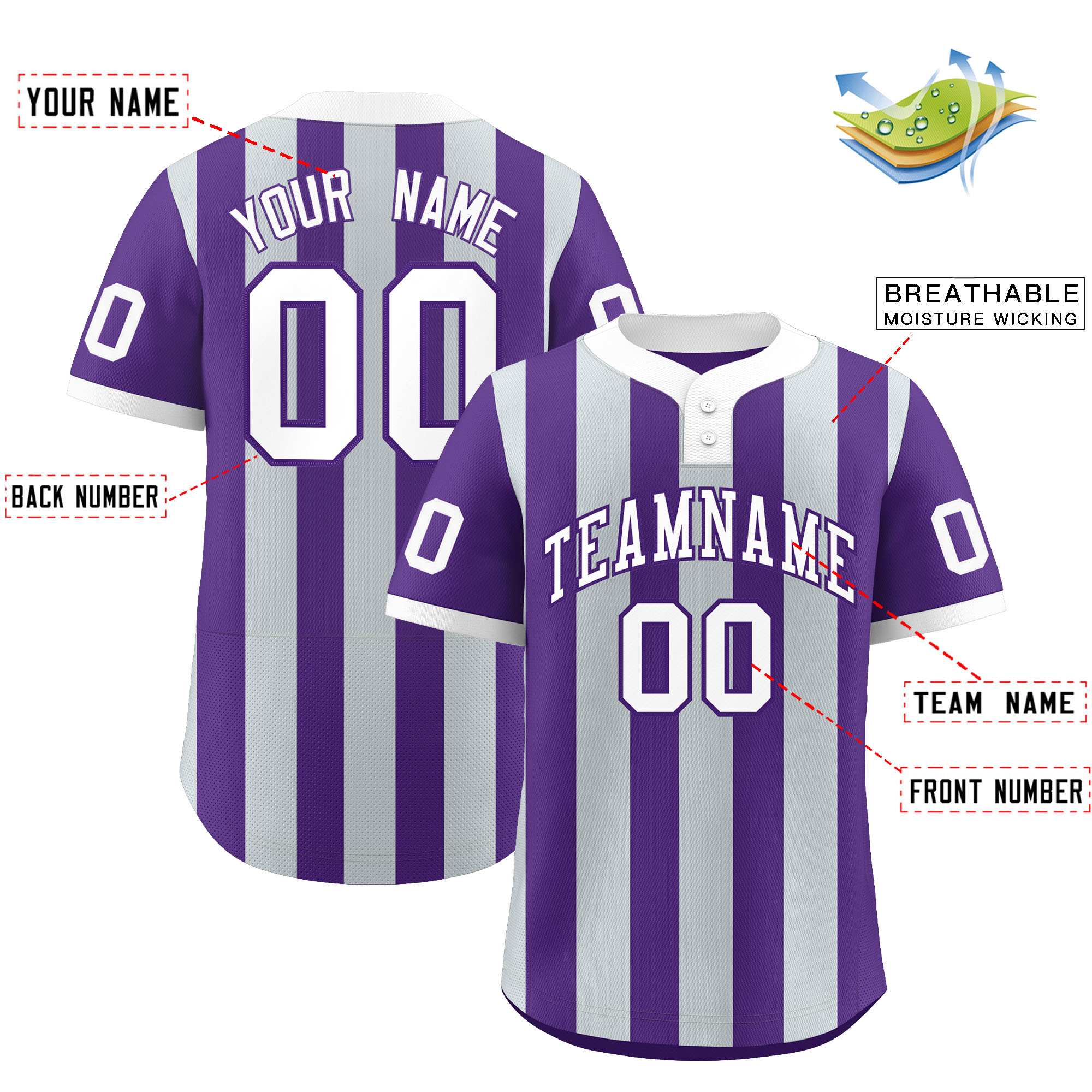 Custom Purple Silver Stripe Fashion Authentic Two-Button Softball Jersey