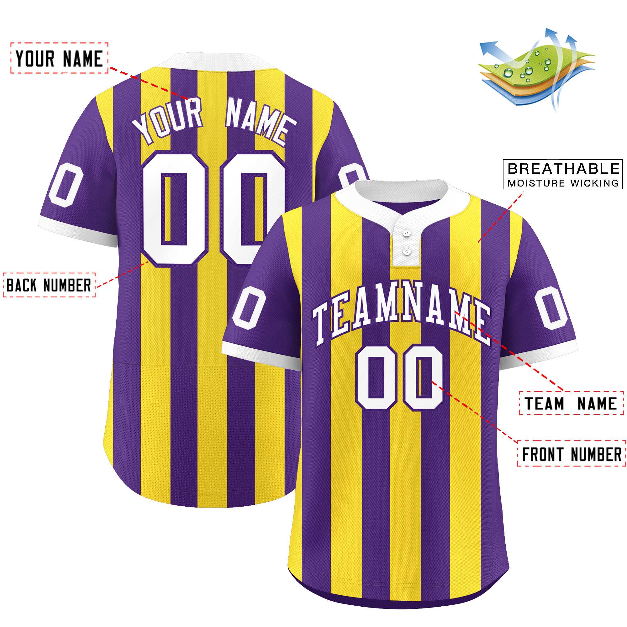 Custom Purple Gold Stripe Fashion Authentic Two-Button Baseball Jersey| KXKSHOP