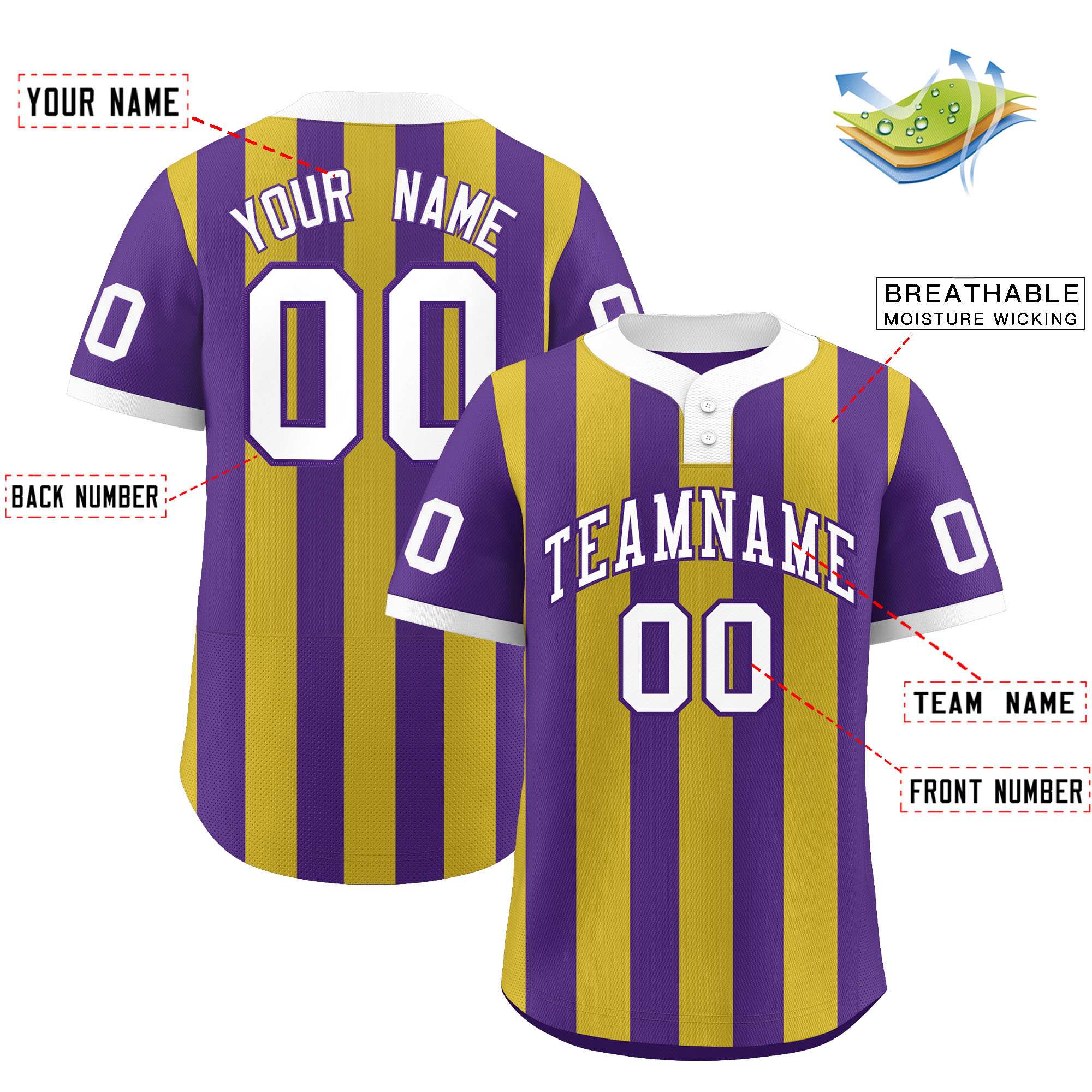 Custom Purple Old Gold Stripe Fashion Authentic Two-Button Baseball Jersey| KXKSHOP