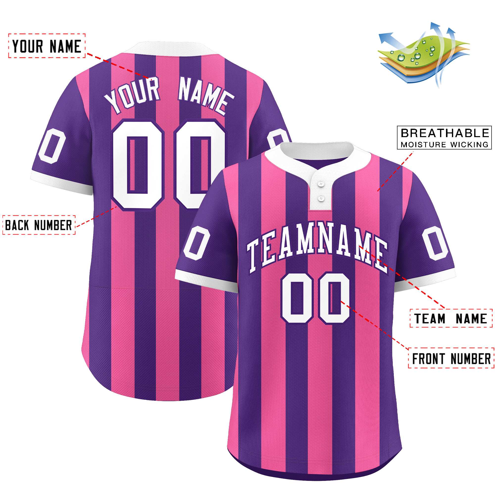 Custom Purple Pink Stripe Fashion Authentic Two-Button Baseball Jersey| KXKSHOP