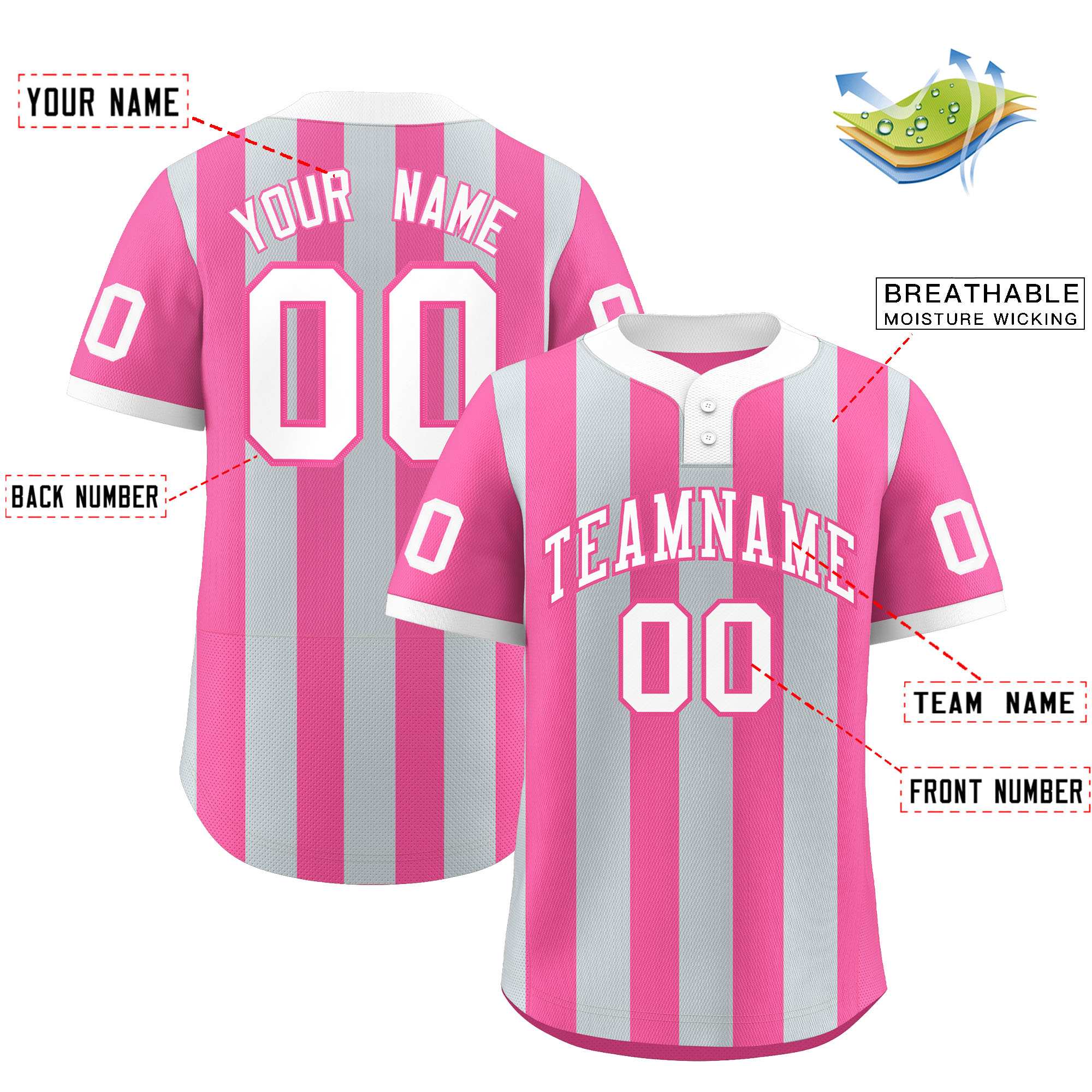 Custom Silver Pink Stripe Fashion Authentic Two-Button Baseball Jersey| KXKSHOP