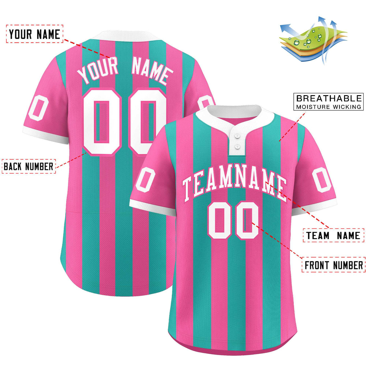 Custom Pink Aqua Stripe Fashion Authentic Two-Button Softball Jersey