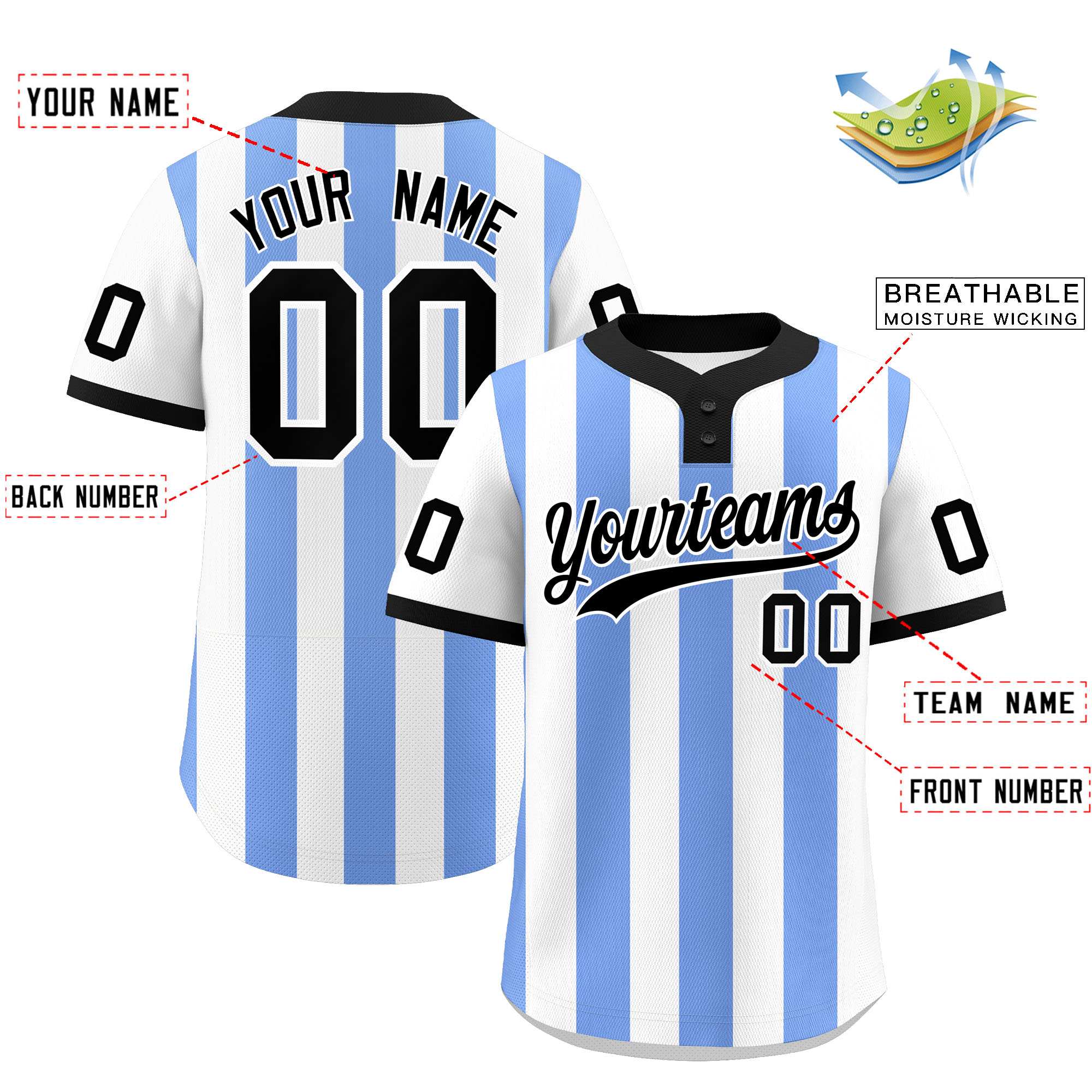 Custom White Light Blue Stripe Fashion Authentic Two-Button Softball Jersey