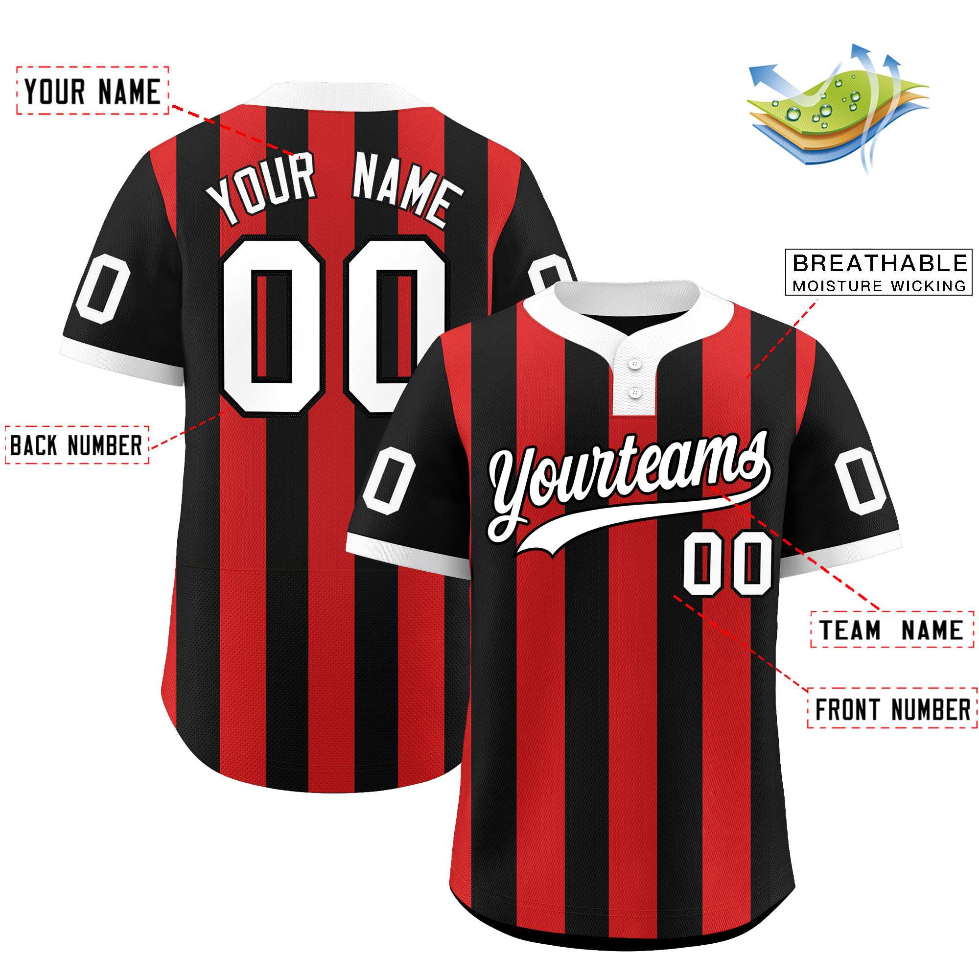 Custom Black Red Stripe Fashion Authentic Two-Button Baseball Jersey| KXKSHOP
